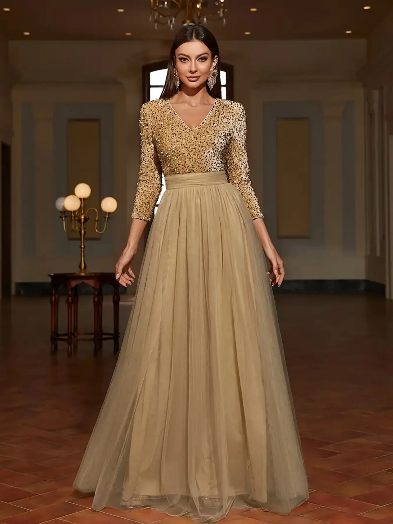 Women's Solid Color Long Sleeve V-Neck Sequin Mesh Patchwork Evening Gown, Elegant Wedding Dress, Chic Party
