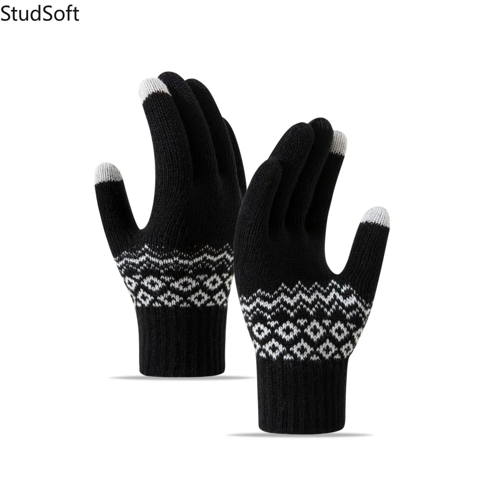 1Pair Winter Knit Gloves Warm Touchscreen Mittens for Women Men Black Geometric Jacquard Fair Isle Soft Thermal Hand Warmer Casual Outdoor Driving
