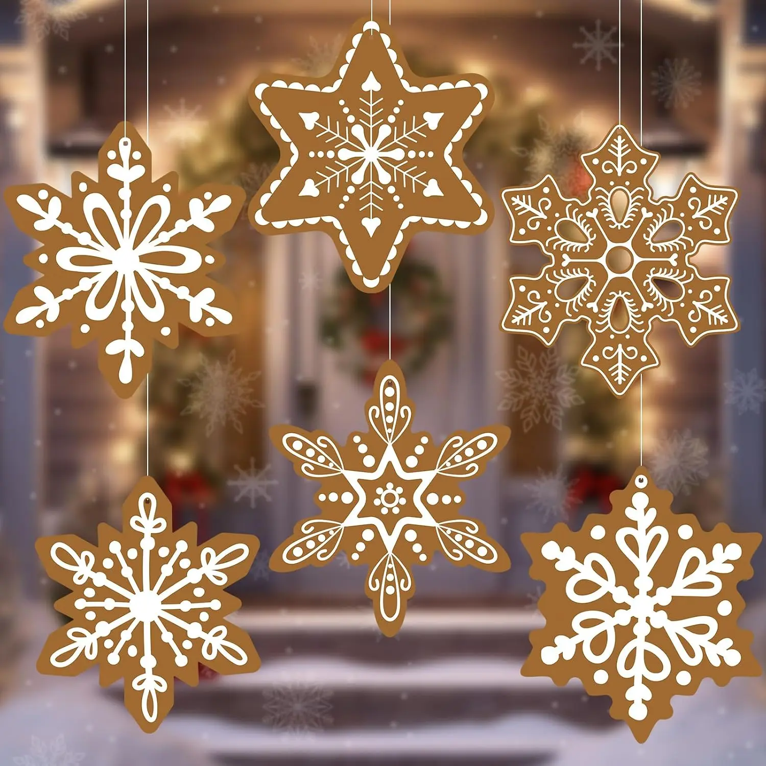 12 count 12'' Gingerbread Snowflake Outdoor Christmas Decorations Large Brown Plastic  Snowflakes Ornaments with Ropes for Christmas Tree Window Winter Crafts Indoor Outdoor Decor
