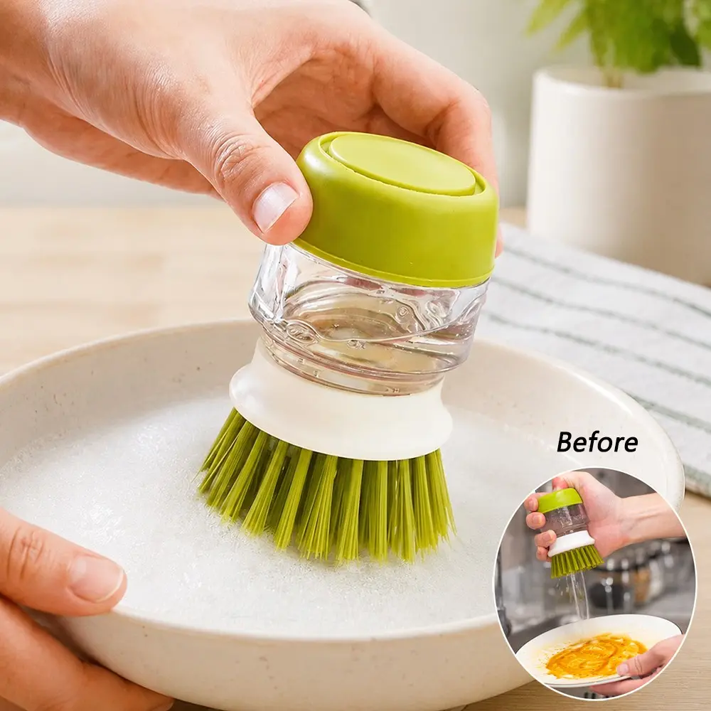 Dish Brush with Soap Dispenser, Kitchen Pot Cleaning Brush with Storage Rack, Press Automatic Liquid Dispensing Dishwashing Brush, Detachable Hard Bristle Scrub Brush for Pots Pans Sink Dishes