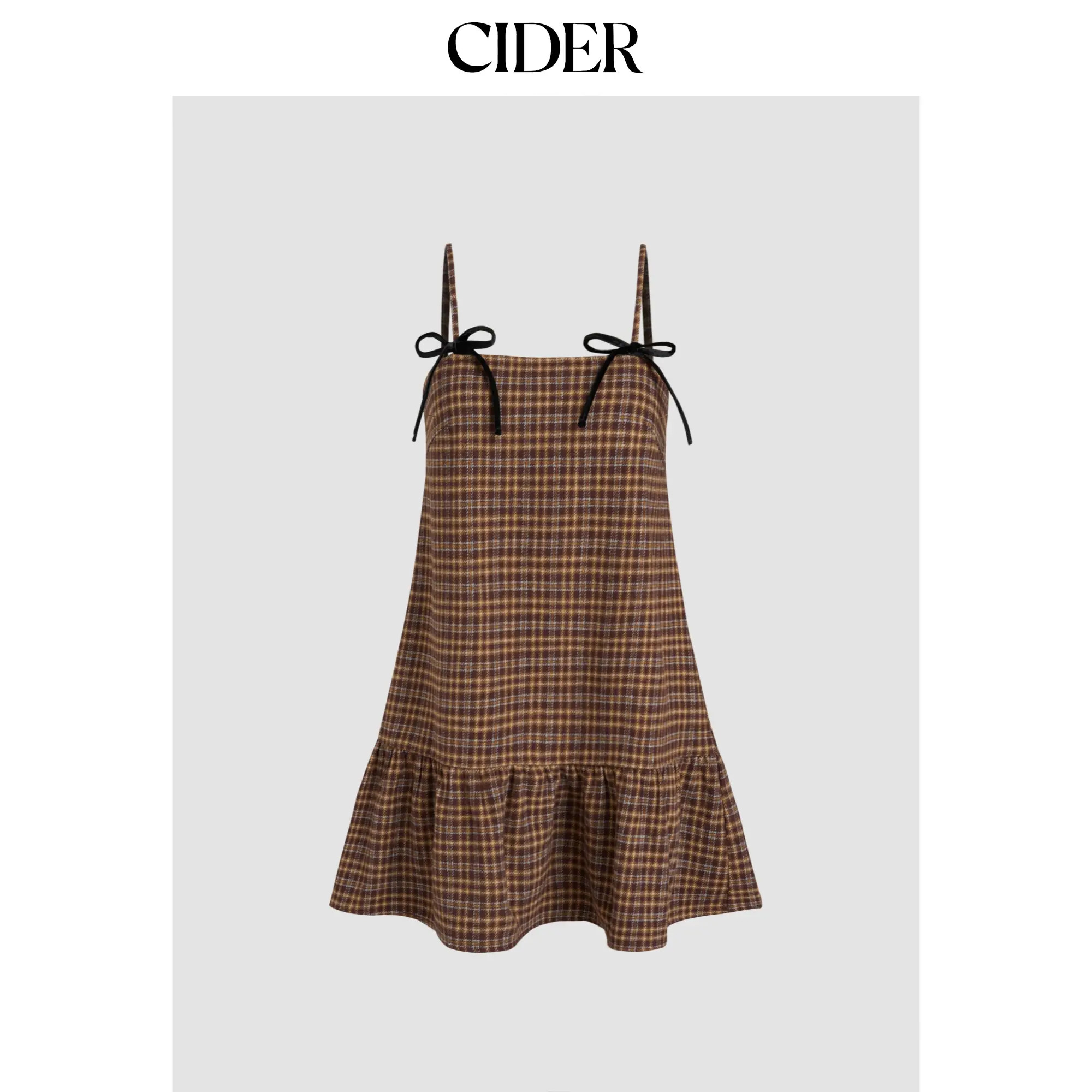 Cider [2 colors, size 0-26] Square Neck Check Ruffle Bowknot Babydoll Mini Dress SohoChic