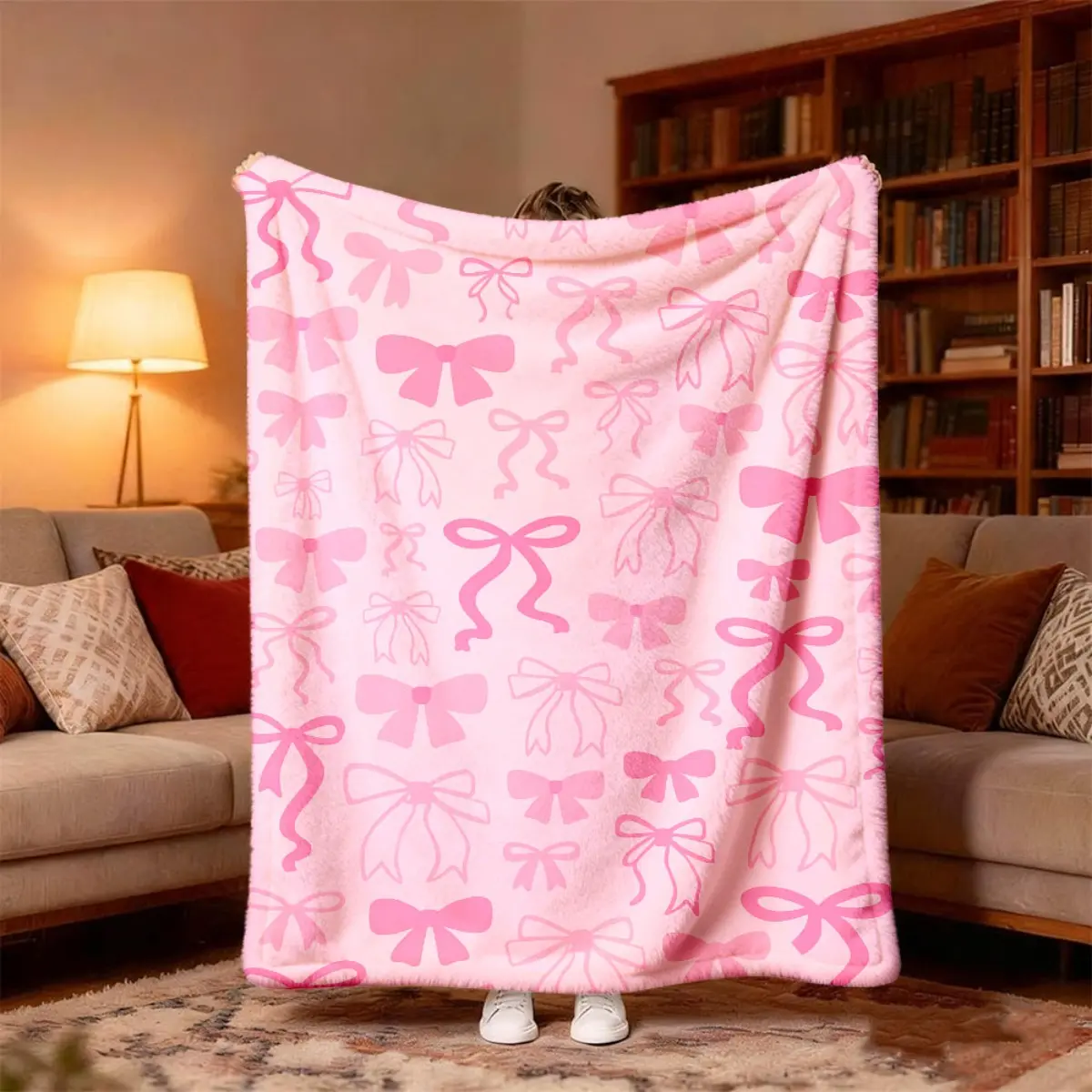 Vintage Coquette Aesthetic Pink Decorative Bow Ribbon Print Polyester Fiber Flannel Throw Blanket - Soft, Lightweight, Warmth Retained, Multi-Size Decor Blanket for Bedroom, Sofa, All-Season Home Use