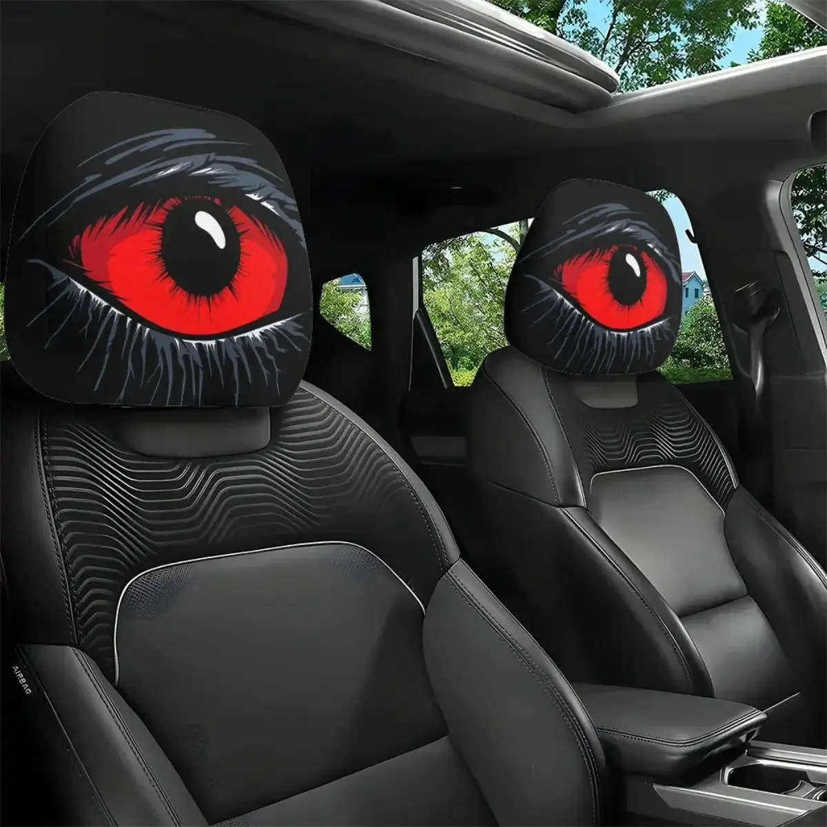 Automotive Headrest Covers with Gothic Printed Eyes, Universal Fit Machine Washable Interior Decor, Red and Black 2-Piece Set, Car, Accessories For Car, Auto Accessories, Decorative, 2 Pieces, Interior Auto Accessories