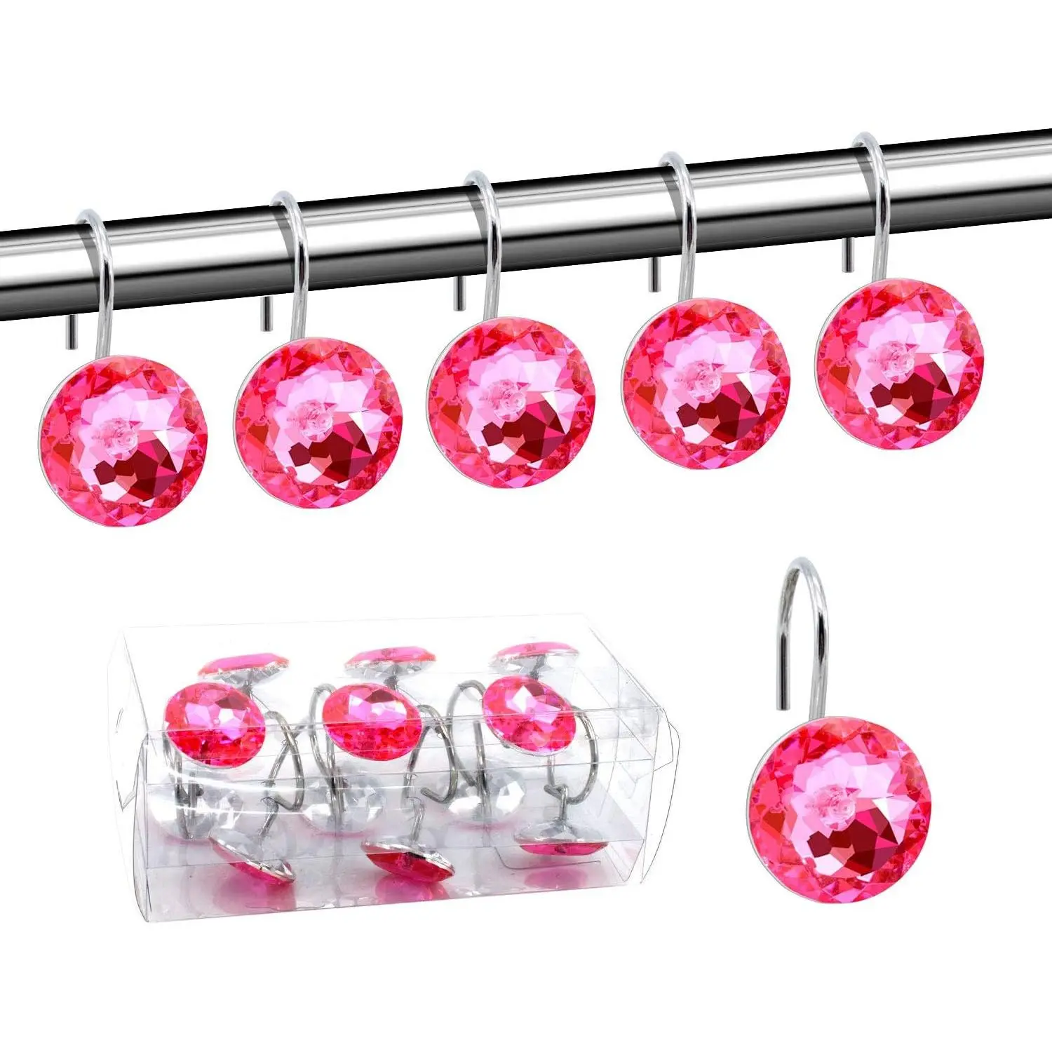 Decorative 12-Piece Modern Glossy Solid Polished Metal-Steel Chrome Acrylic Rolling Shower Curtain Hooks Set, Bling Rhinestone Long-Shine Pink Rings for Bathroom Decor