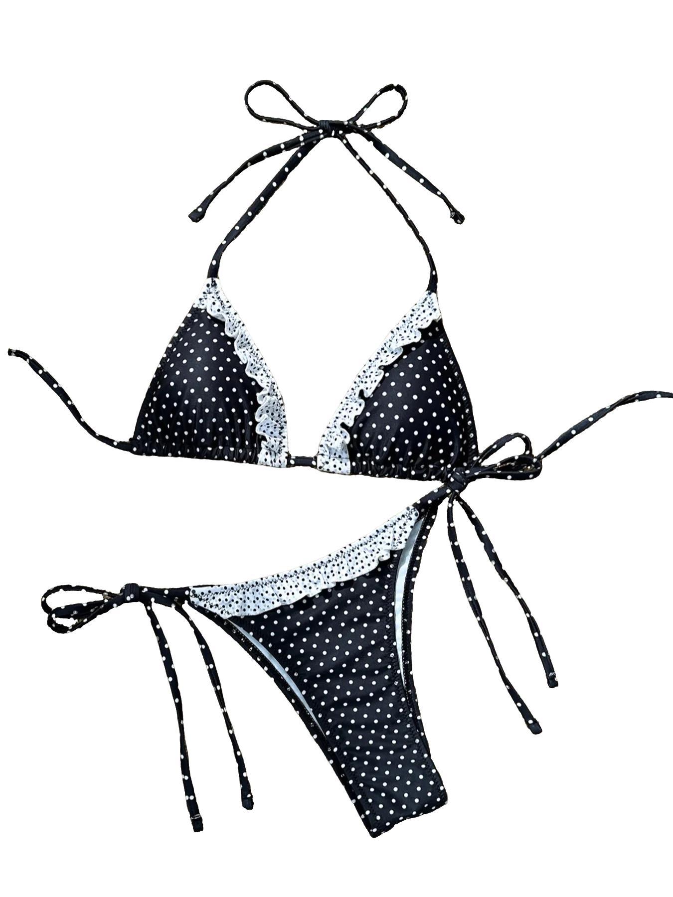 Two-piece Set Women's Polka Dot Print Bikini Set, Casual Fashion Chic Tie Back Swim Bra & Tie Side Swim Panty, Ladies Swimsuit for Beach Holiday Vacation, Colorblock Bikini Set, Summer Swimsuit Set, Swimsuit Style Bikini