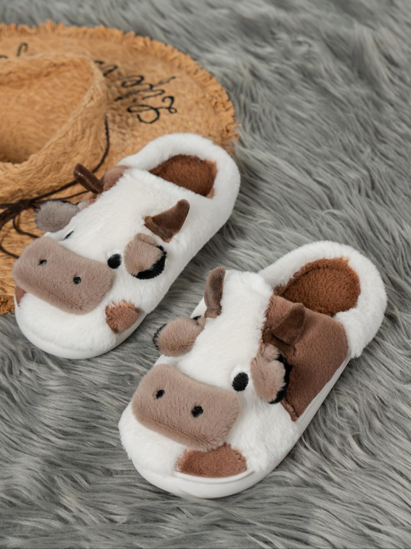 Women's New Fashion Trendy Cartoon Cow Head Indoor Outdoor Cotton Slippers, Fluffy Home Slippers, Winter Casual Warm Home Shoes, Anti-Slip Lightweight Unisex