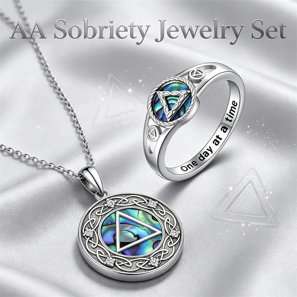 Elegant Women's AA Sobriety Jewelry Set - Stainless Steel Abalone Shell Necklace & Matching Ring with Triangle Design - One Day at a Time Celtic Knot, Beautiful Sobriety Recovery Gift for Her, Milestone Strength Jewelry