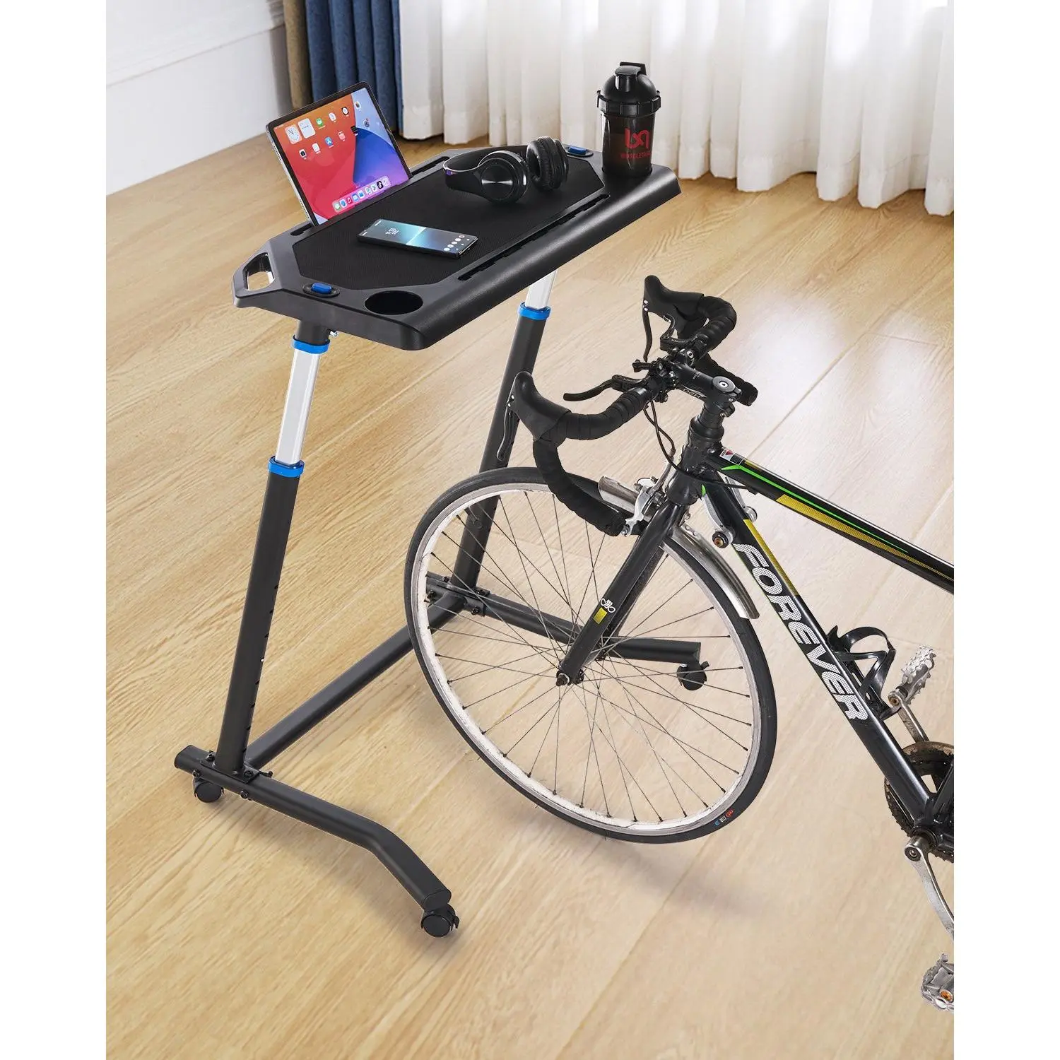 【DealsForYouDays】VEVOR Cycling Desk, Mobile Foldable Multi-Functional Bike Trainer & Treadmill Desk with Lockable Wheels, Non-Slip Multi-Slot Bike Trainer Fitness Desk with Handle Bar, Fit for Home Office Exercise