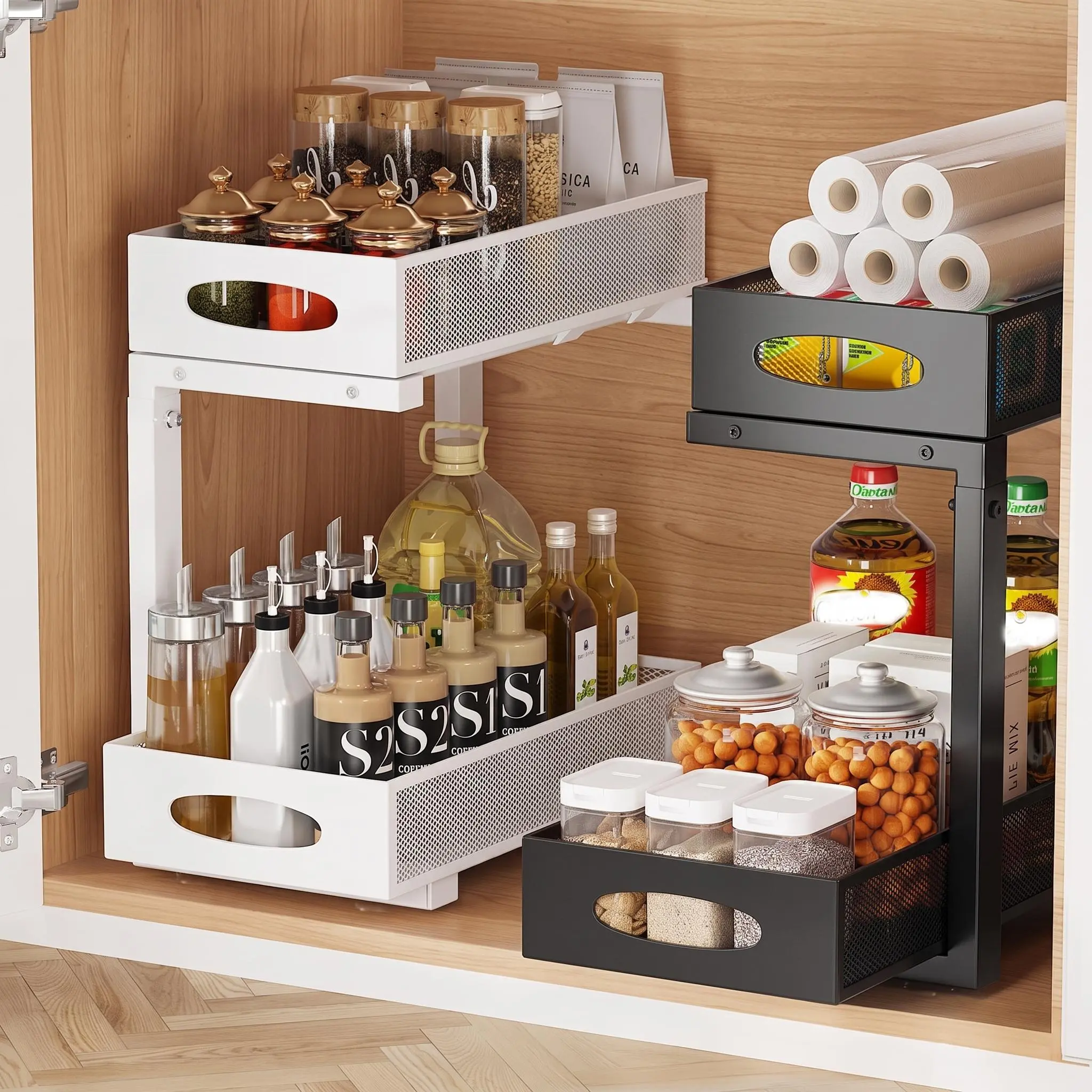 Heavy-Duty Sliding 2-Tier Under Sink Organizer, Adjustable Carbon Steel Pull Out Storage Rack, No Drill Easy Install Cabinet Drawer Shelf for Kitchen Bathroom Vanity Closet