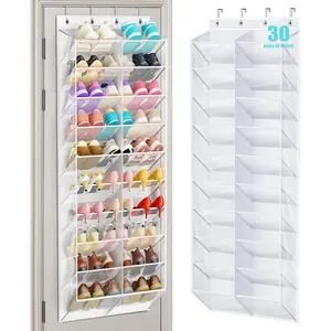 30 Pairs Over the Door Shoe Organizer Breathable Mesh Hanging Shoe Rack for Closet Storage with Wide Deep Pockets 10 Tier Shoes Holder Fit All the Family's Sneakers, Boots, Heels (White, 71")