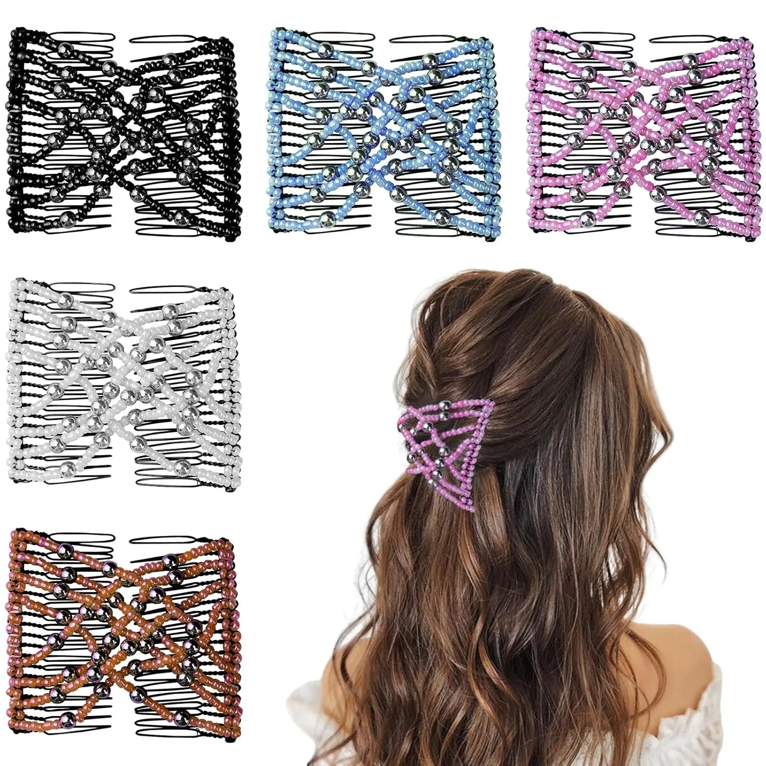 Women's Stretchy Elastic Magic Combs (5 Pieces) - Adjustable No-Crease Hair Clips, Vintage Bun Maker Accessories for Curly Thick Wavy Hair Ponytails