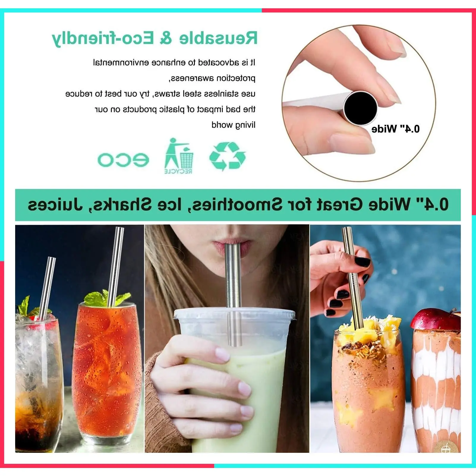 4 Pack 0.4" Wide Bore Reusable Stainless Steel Smoothie Straws, Food-Grade Metal Straws 8.5" & 10.5" for 20 oz & 30 oz Tumblers, Wide Bore for Smoothie, Milkshake, Bubble, Boba
