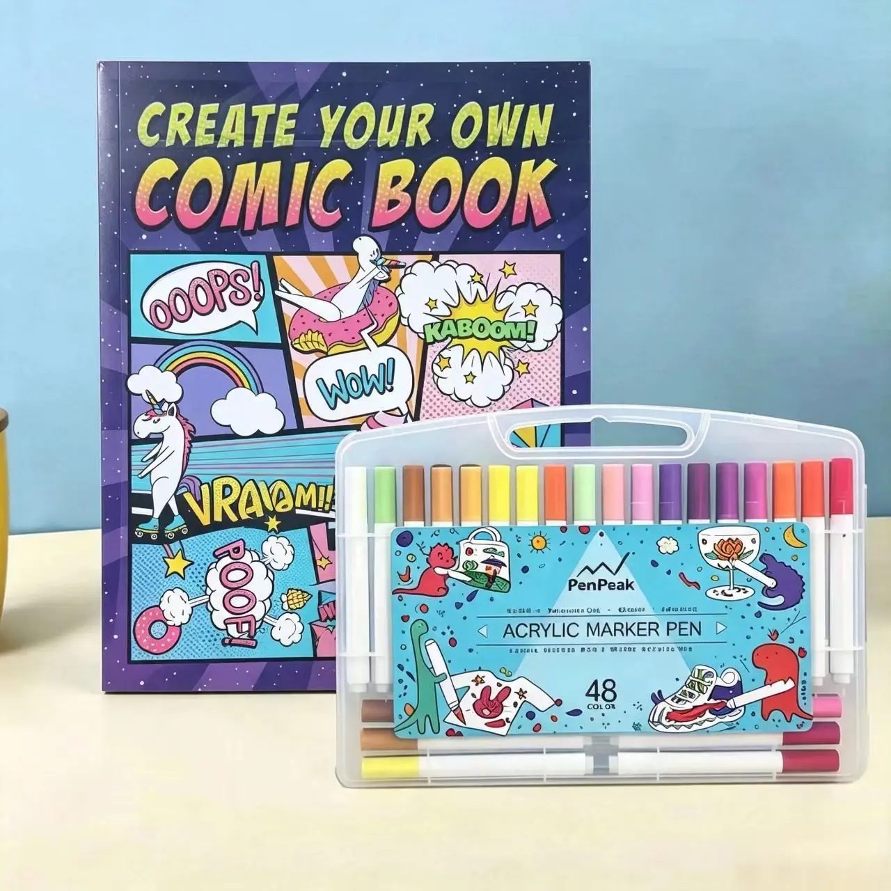 Create Your Own Comic Book, Blank Comic Drawing Pad, Acrylic Marker Set, DIY Cartoon Story Tool, Creative Art Craft Gift for Kids and Adults