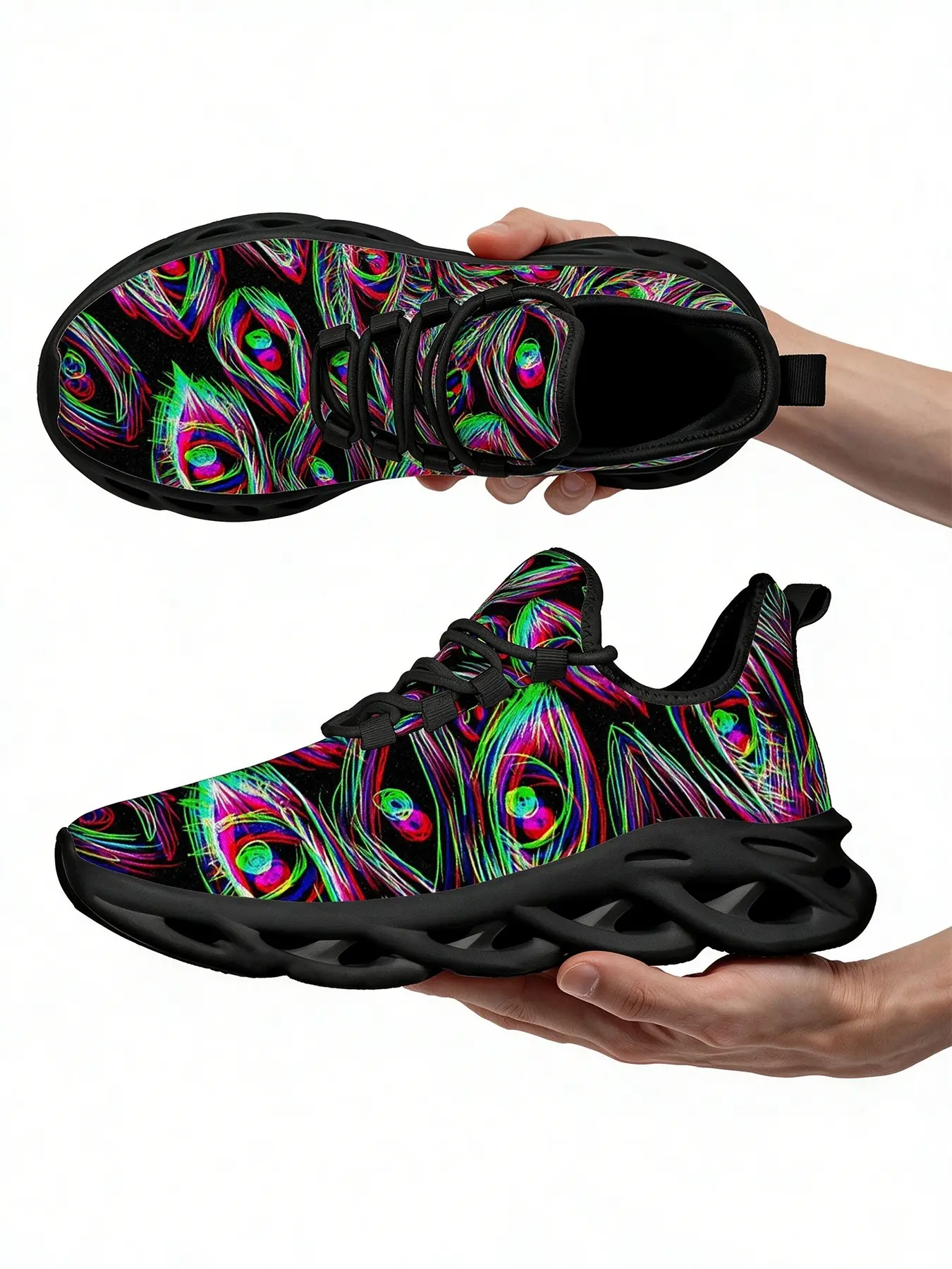 Unisex Vibrant Rainbow Eye Pattern Chunky Walking Shoes Lightweight Hollow Blade Sole Mesh Sneakers Fashion Psychedelic Print Casual Street Footwear For Festival