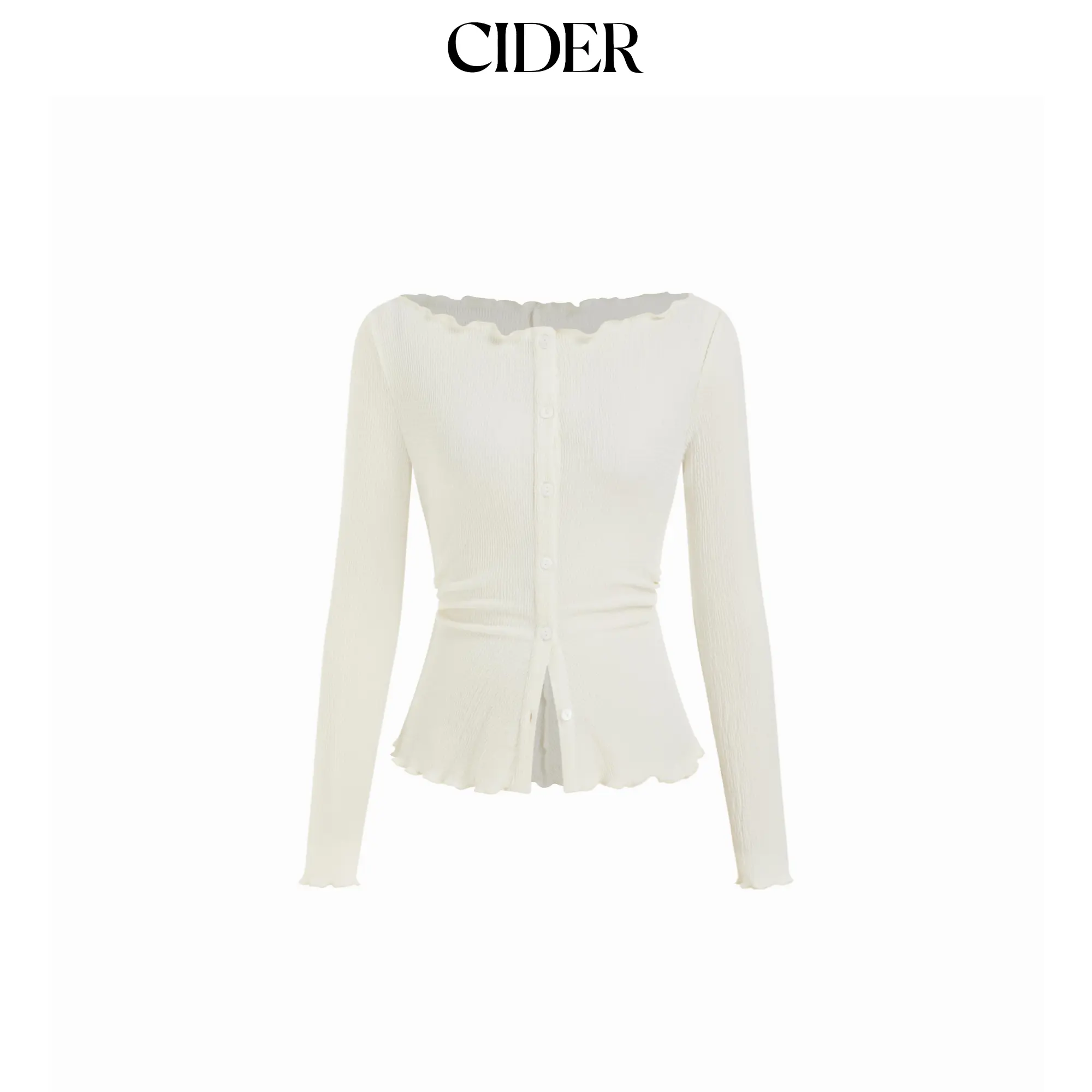 Cider Boat Neck Lettuce Trim Button Knotted Long Sleeve Top SohoChic
