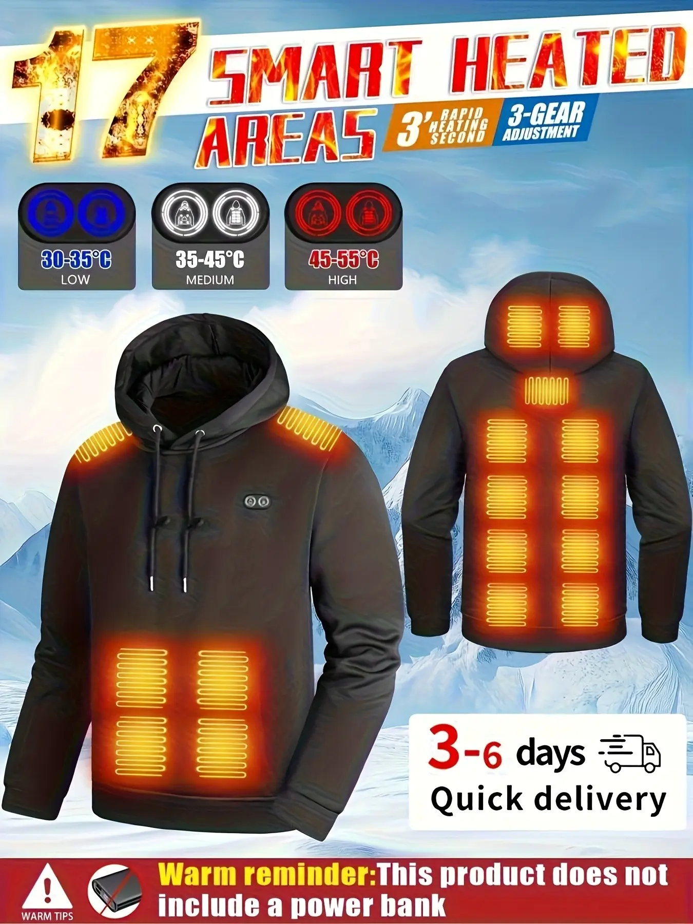 17 Zone Heated Hoodie for Men and Women, USB Charging Electric Sweatshirt, Three-Temperature Control, Ideal for Cold Weather Outdoor Activities