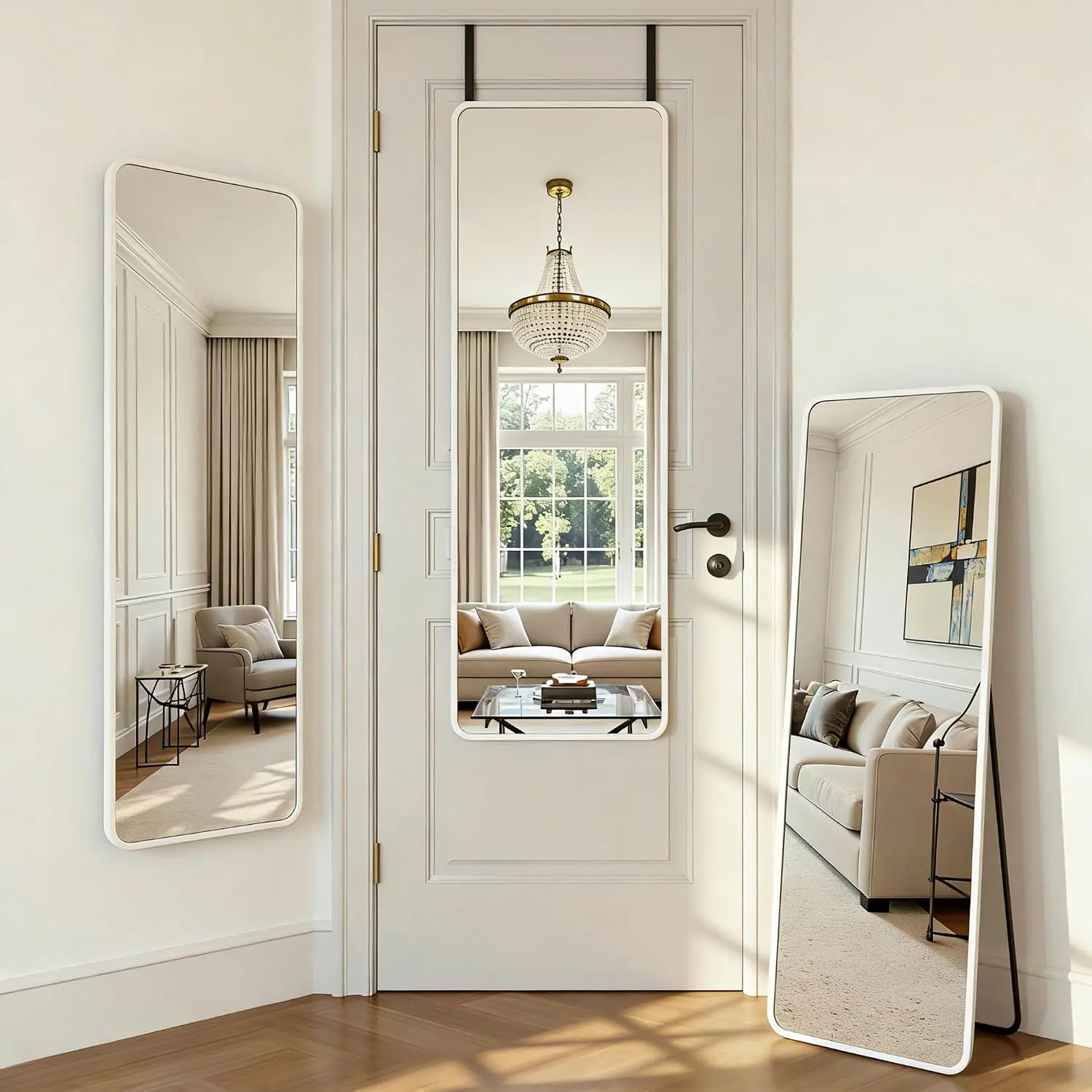 48''x 14'' Full Length Mirror Over Door, 4-in-1 Standing Leaning Wall Mounted, Adjustable  Mirror for Bedroom Living Room, White, Rounded Corner
