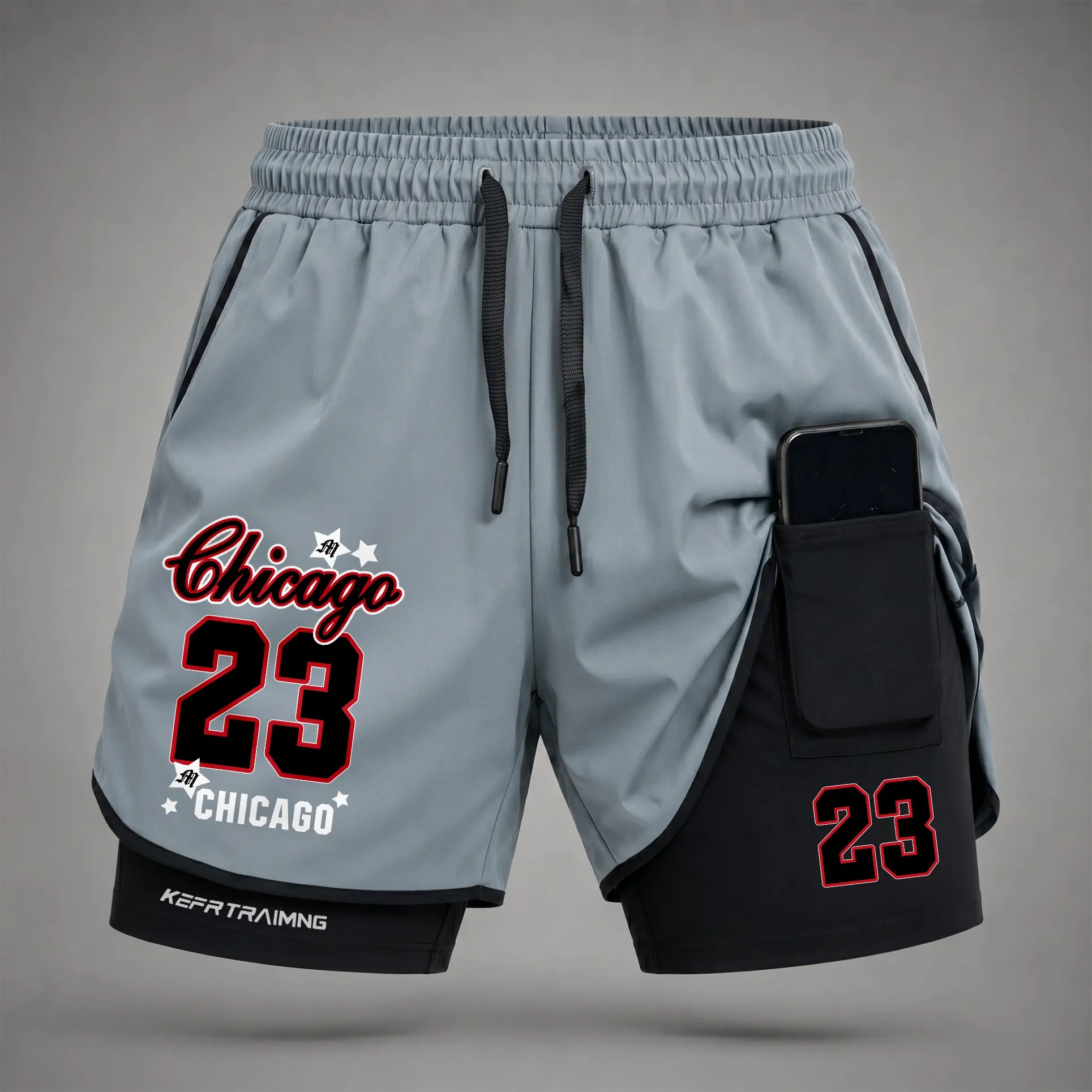 Male Regular Fit Dual-Layer 2-in-1 Utility Sports Shorts, Breathable Stretch Basketball Graphic Print Athletic Shorts with Built-in Compression Liner, Secure Inner Phone Pocket, Elastic Drawstring Waist, Quick-Dry for Summer Gym Training, Faux Two-Piece