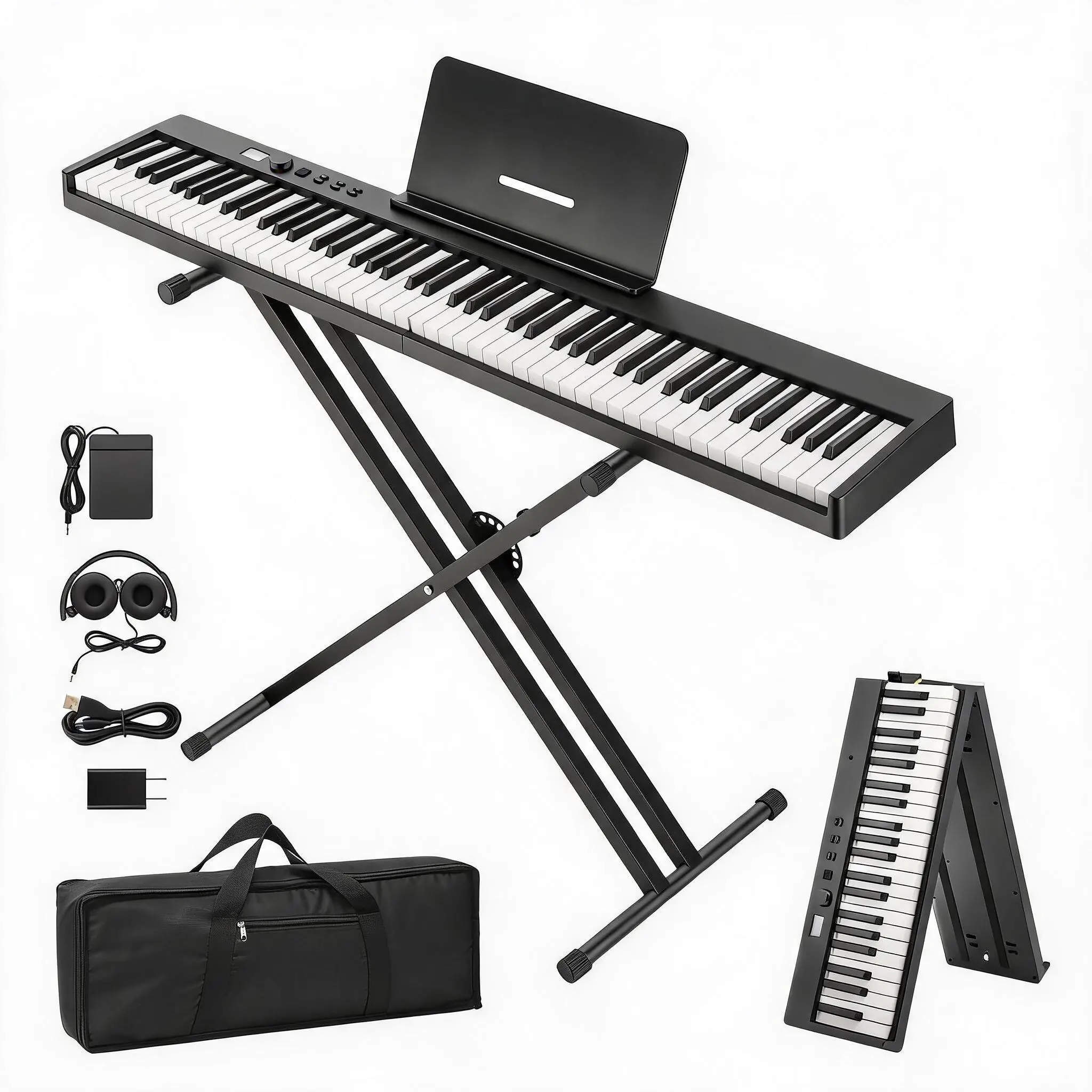 Folding Piano Keyboard,Full Size 88 Key Semi Weighted Keyboards Electric Piano,Portable Keyboard Digital Piano with Stand,Sustain Pedal,Headphones,Handbag,Bluetooth,USB MIDI for Beginner