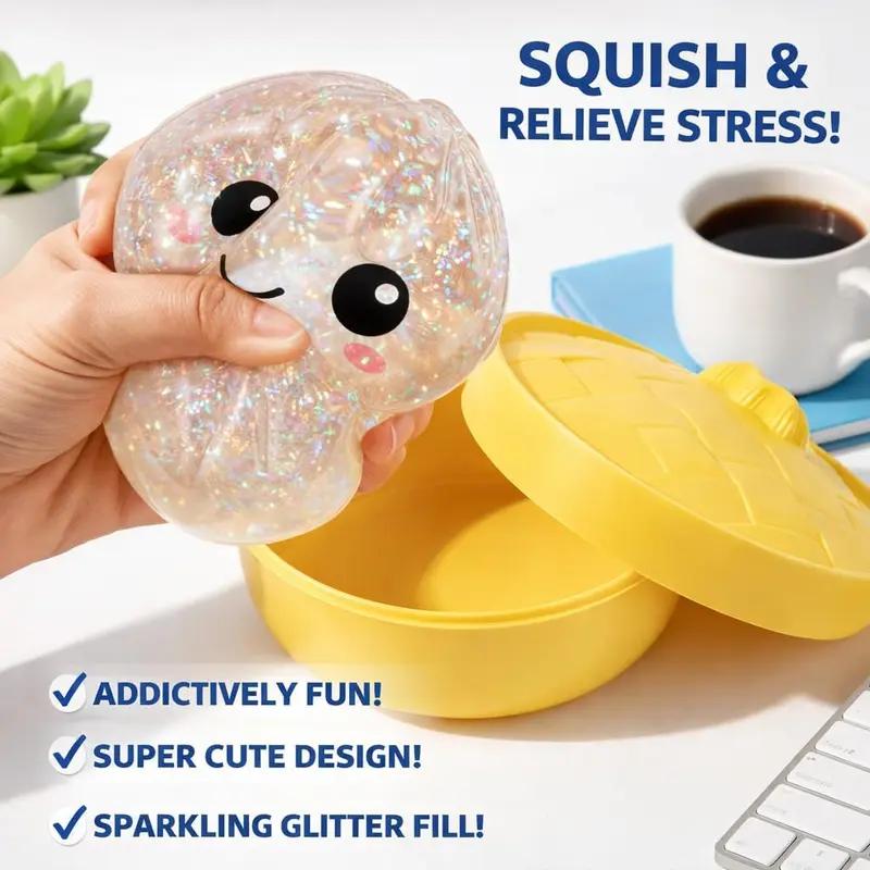 [Blind Box]2026 New Glitter Dumpling Squishy with Steamer Box, Soft Sensory Fidget Steamed Bun Squeeze Tool for Adult Stress & Anxiety Relief,