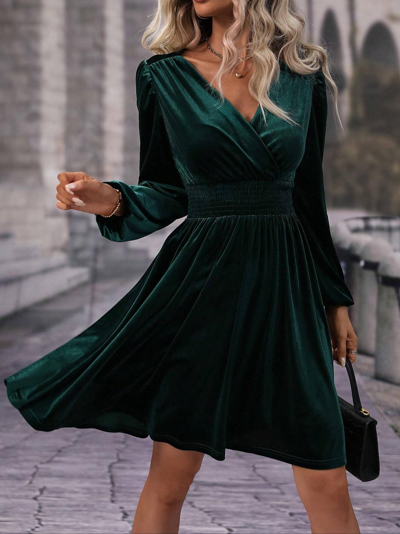 Velvet V Neck Long Sleeve Waist Cinching Solid Color Formal Party Dress, Spring Festival Perfect Choice, Fitted Versatile Elegant Short Skirt
