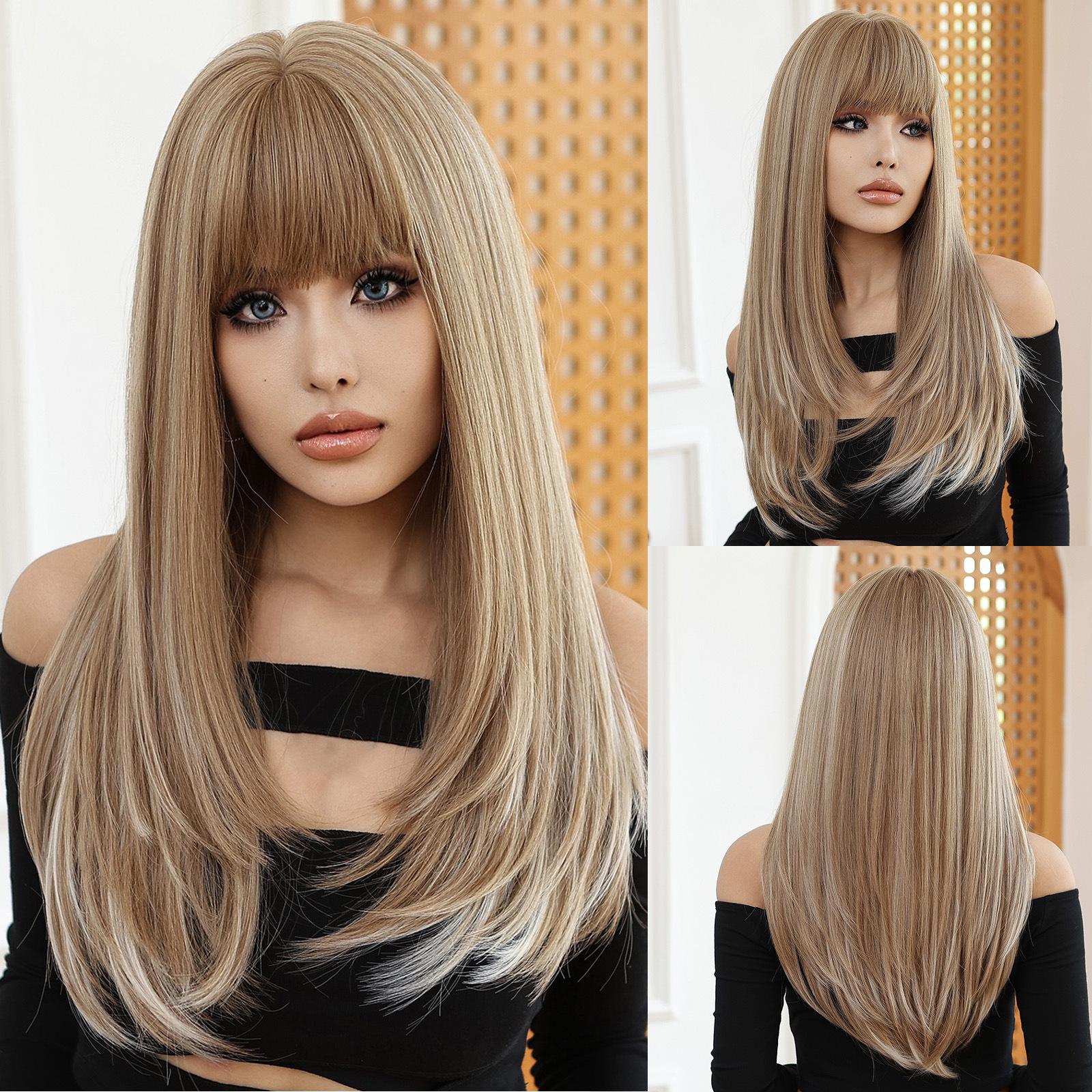 Latest Gray Ombre Straight Hair Wig with Front Fringe High Temperature Synthetic Fiber Easy to Put On Glueless Ventilated European and American Fashion Hair Topper