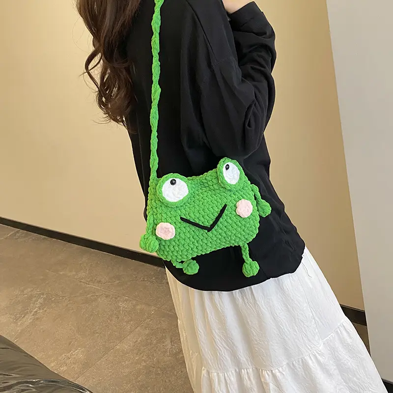 Women's Handmade Crochet Mini Crossbody Bag - Synthetic Frog/Bear Animal Motif Phone Pouch, Kawaii Ugly Cute Design, Adjustable Crossbody Strap