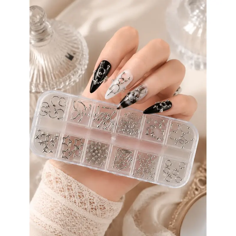 12 Gothic Nail Charms - 3D Punk Y2K Silver and Black Metal Studs, Alloy Piercing Gaga DIY Nail Art Decorations, Suitable for Home and Salon Nail Accessories, Durable PVC Material, Easy to Apply, Nail Art Supplies, Salon Nail Decorations, Edge Nail Designs