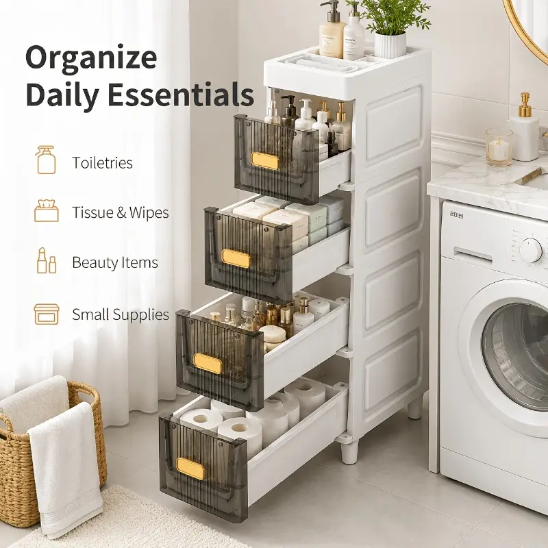 Slim storage cabinet with drawers, waterproof PP bathroom storage cabinet, narrow-gap space-saving storage shelf, suitable for organizing kitchen, bathroom, personal care products, toiletries, and small items