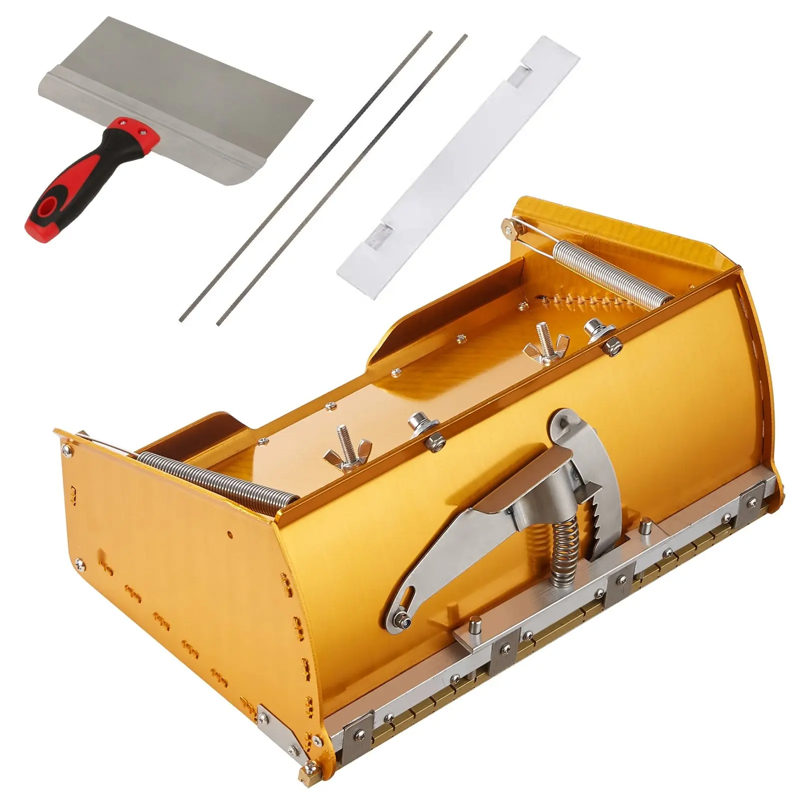Drywall Finishing Mud Box, 10-Inch Wide Flat Aluminum Taping Tool for Plasterboard Wallboard Sheetrock, Quick-Clean Design, Includes Mudguard and Two Extra Stainless Steel Blades, Compatible 10/12-Inch Spans