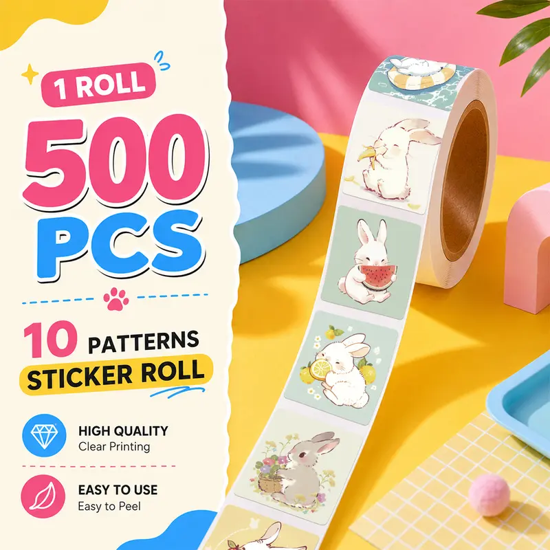 500PCS/Roll Bunny Summer Sticker Roll, 10 Designs Aesthetic Decorative Sticker Tape, Self Adhesive Journaling Stickers for Notebook, Laptop, Phone Case and Daily Decoration