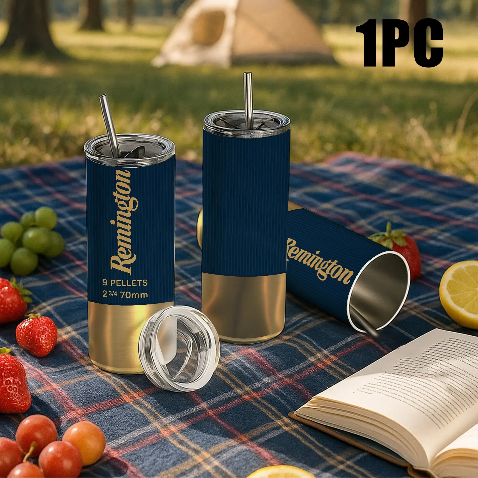 1PC 20oz Bullet Style Stainless Steel Tumbler with Straw, Blue Gold Tactical Inspired Design, Double Wall Vacuum Insulated Travel Cup, Compact Coffee Mug for Office, Car, Sports, Gym, Camping and Everyday Drinking, Keeps Beverages Cold & Hot