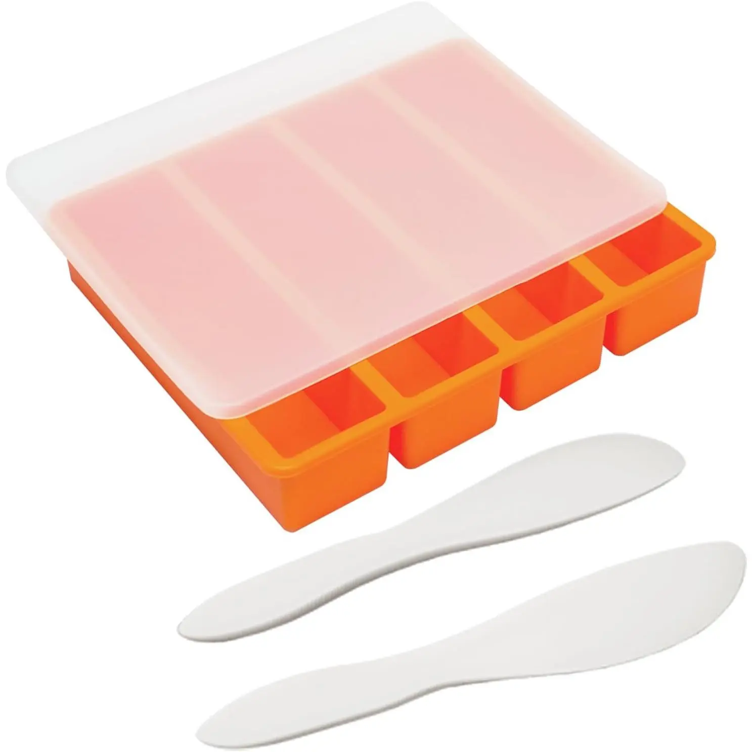 Butter Molds with Lid, Non-Stick Homemade Butter Mold, Includes 2 Spatulas, Freshness Locked, Easy Release, Versatile Shaping for Baking and Freezing, Orange