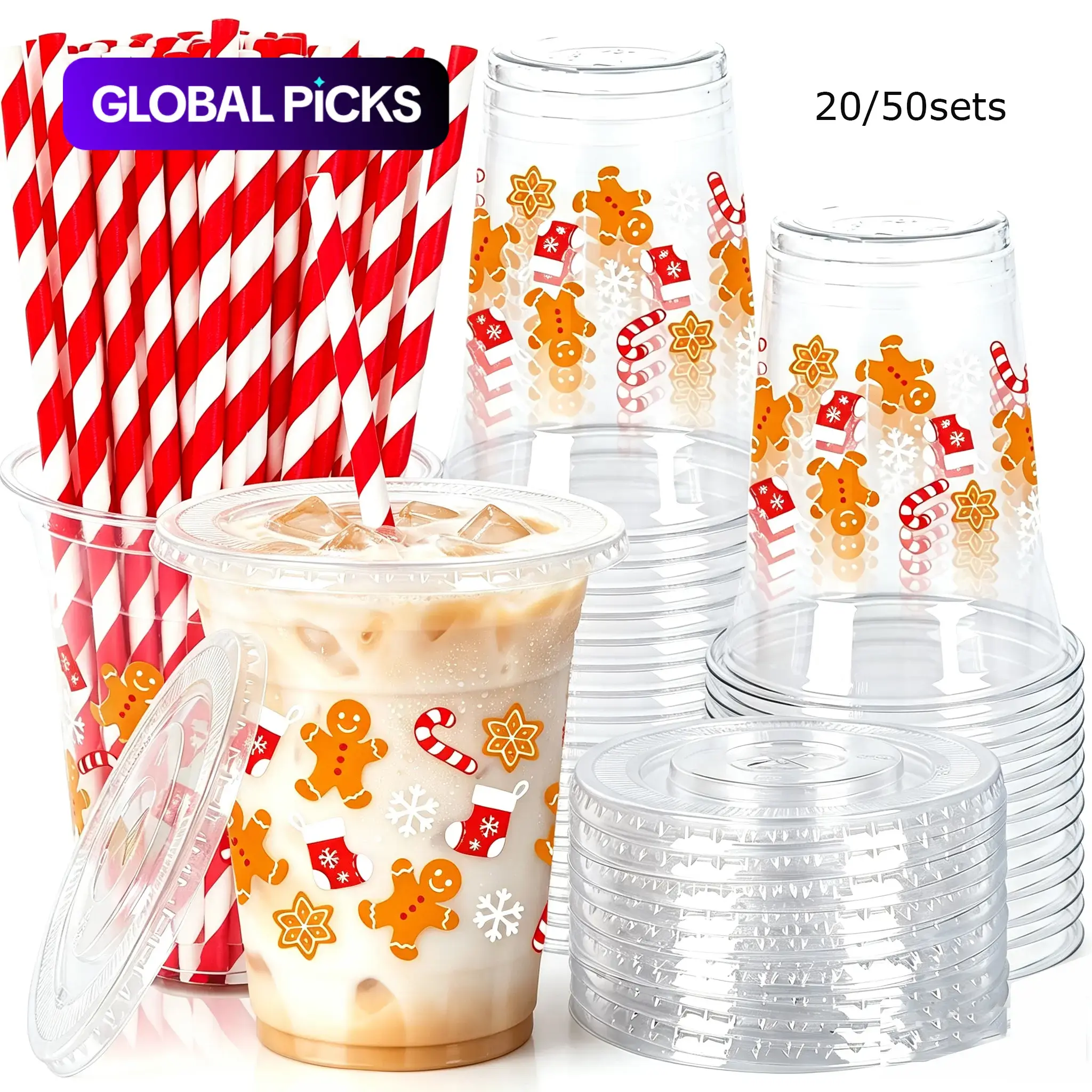 Christmas Plastic Cups with Lids and Straws, 12oz Holiday Disposable Cups, Ideal for Christmas Winter Party Supplies