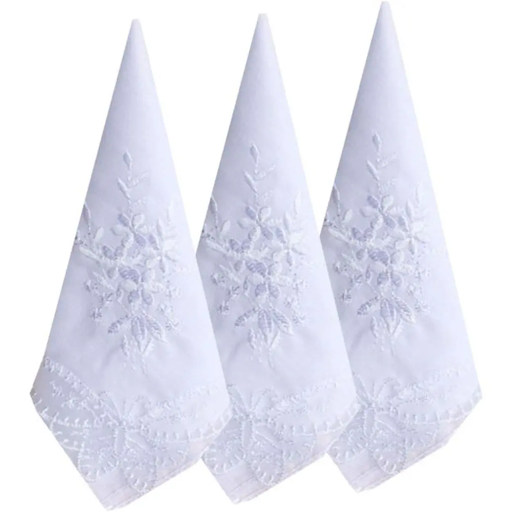 Women's Scalloped Edge Soft Cotton Embroidery Handkerchiefs, 3PCS Wedding Fashion Accessories, Women/Ladies