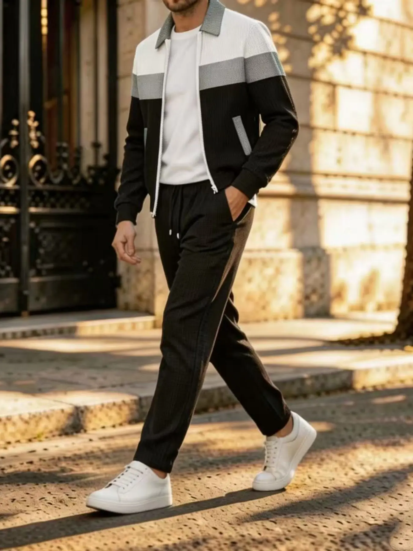 Men's Colorblock Waffle Knit Sportswear Set, Zipper Neck Jacket and Drawstring Casual Pants, Two-Piece for Comfortable Style