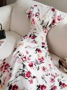 Women's Plus Size Floral Print Maxi Dress Wrap V-Neck Flutter Sleeve A-Line Flowy Elegant Wedding Guest Summer Party Trendy