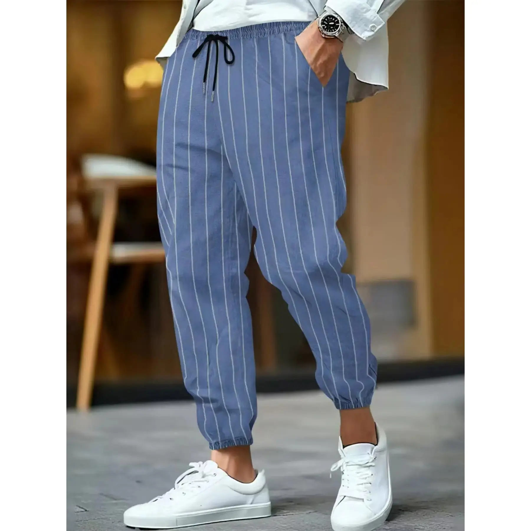 Men's Striped Linen Pants, Breathable Comfy Trouser, Soft Summer Loose Fit, Fashion Casual Vintage Japanese Style, Elastic Waistband, Multiple Sizes & Colors, wardrobe staple, must have item, seasonal essential
