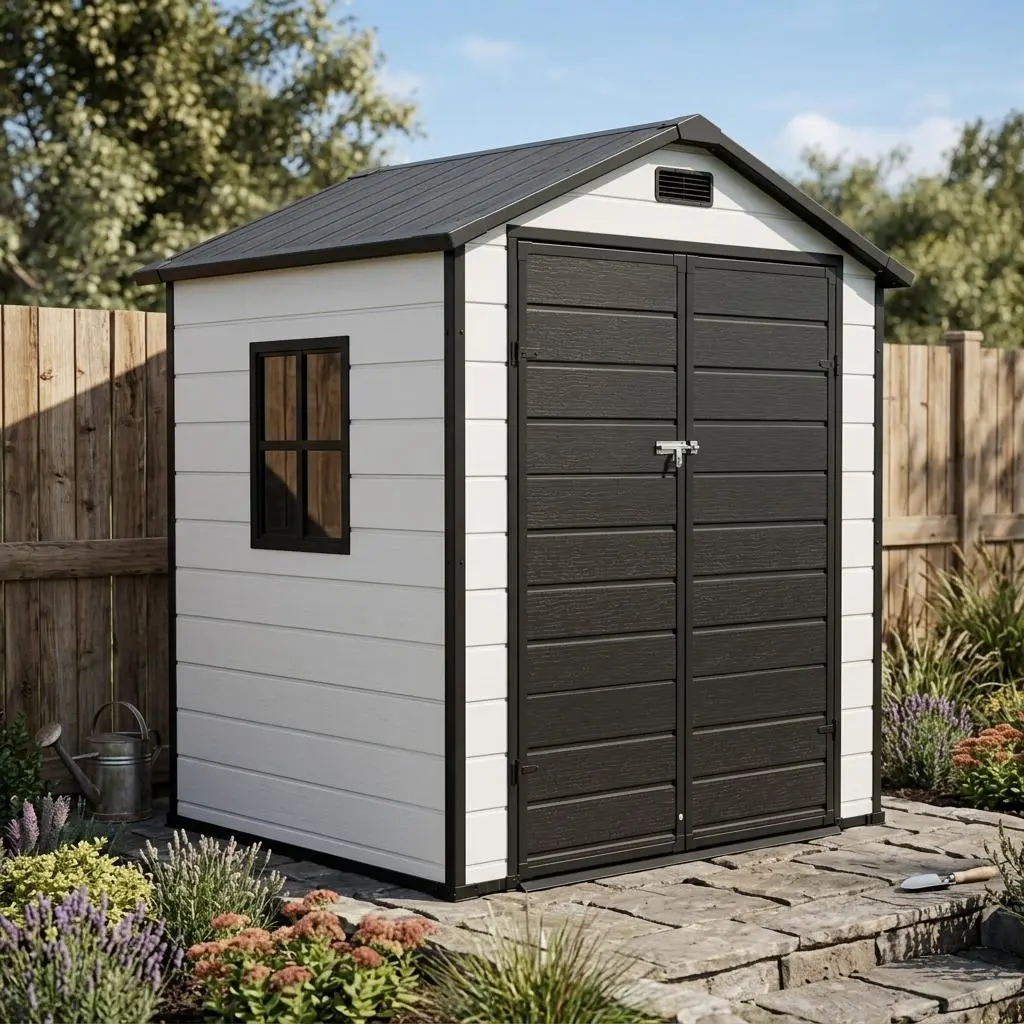 6×4 FT Waterproof Plastic Storage Shed with Floor, Lockable Door, Window & Sloped Roof, Easy to Assemble Outdoor Organizer for Tools, Bikes and Lawn Mowers