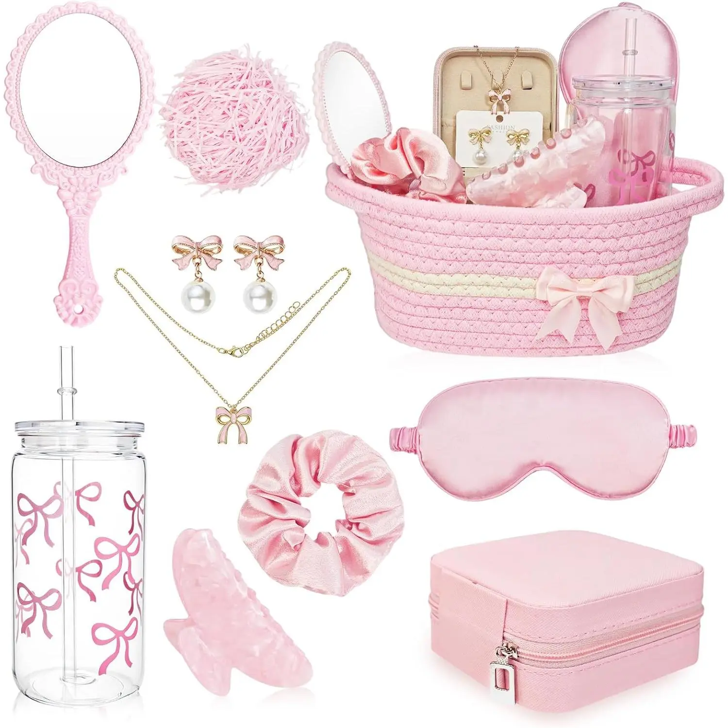 Birthday Gifts for Teen Girls, Woven Gift Basket for Women, Graduation Pink Gifts Basket for Friends Girlfriend Daughter Include Woven Basket, Jewelry Case, Bow Cup, Necklace, Earrings