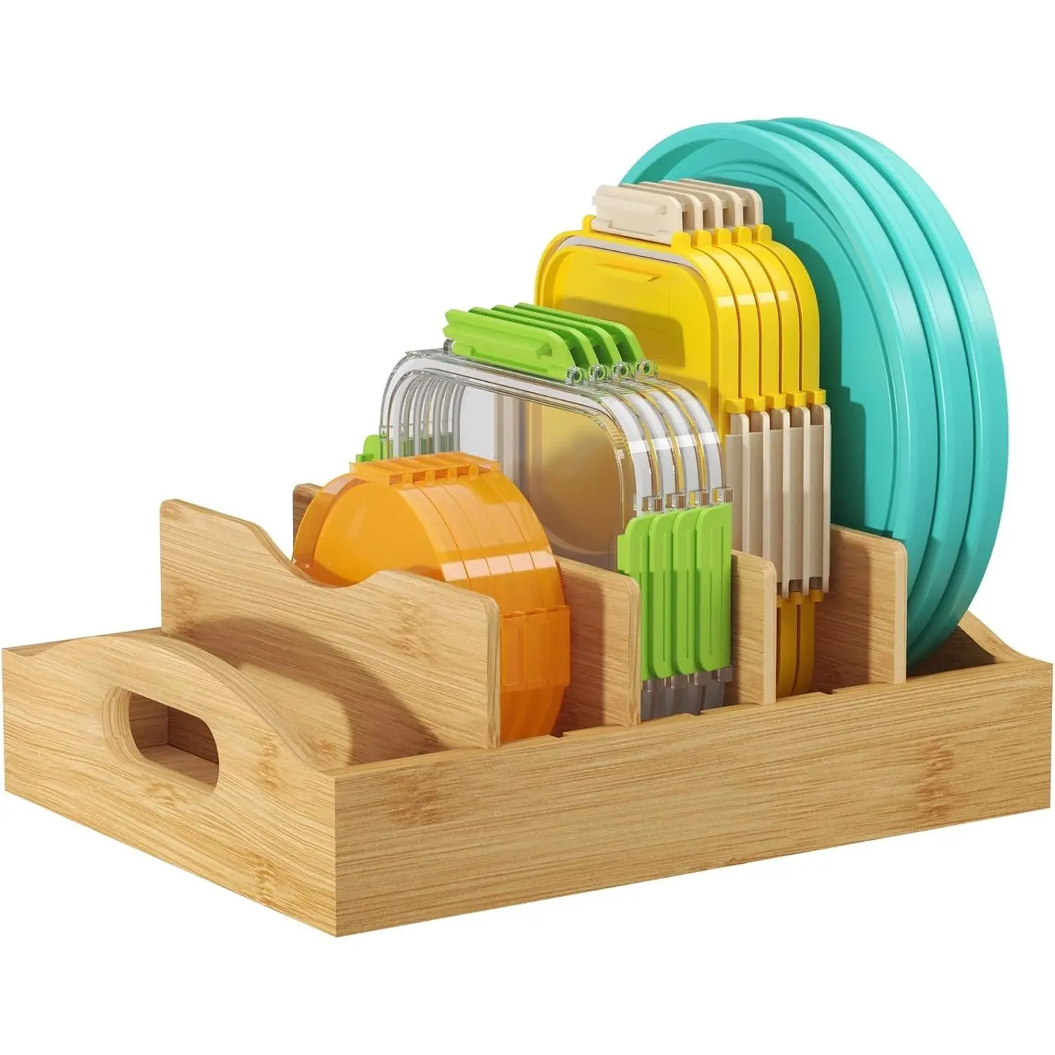 Lid Organizers for Inside Cabinet,  Storage Container Lid Holder with 4 adjustable Inserts & 5 Sections, Kitchen Pantry organizer and storage, 10.6" X 8.3"