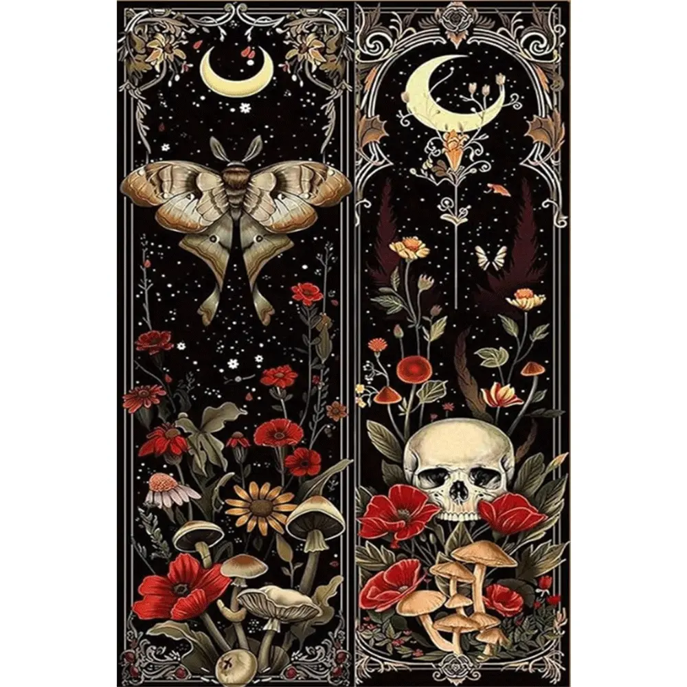 1PC,2D Gothic Moonlight Diamond Painting Kit with Moth Skull Flowers Mushrooms Butterfly Starry Night Design DIY Rhinestone Art for Home Wall Decor Adults Craft Gift Vintage Mystical Botanical Pattern