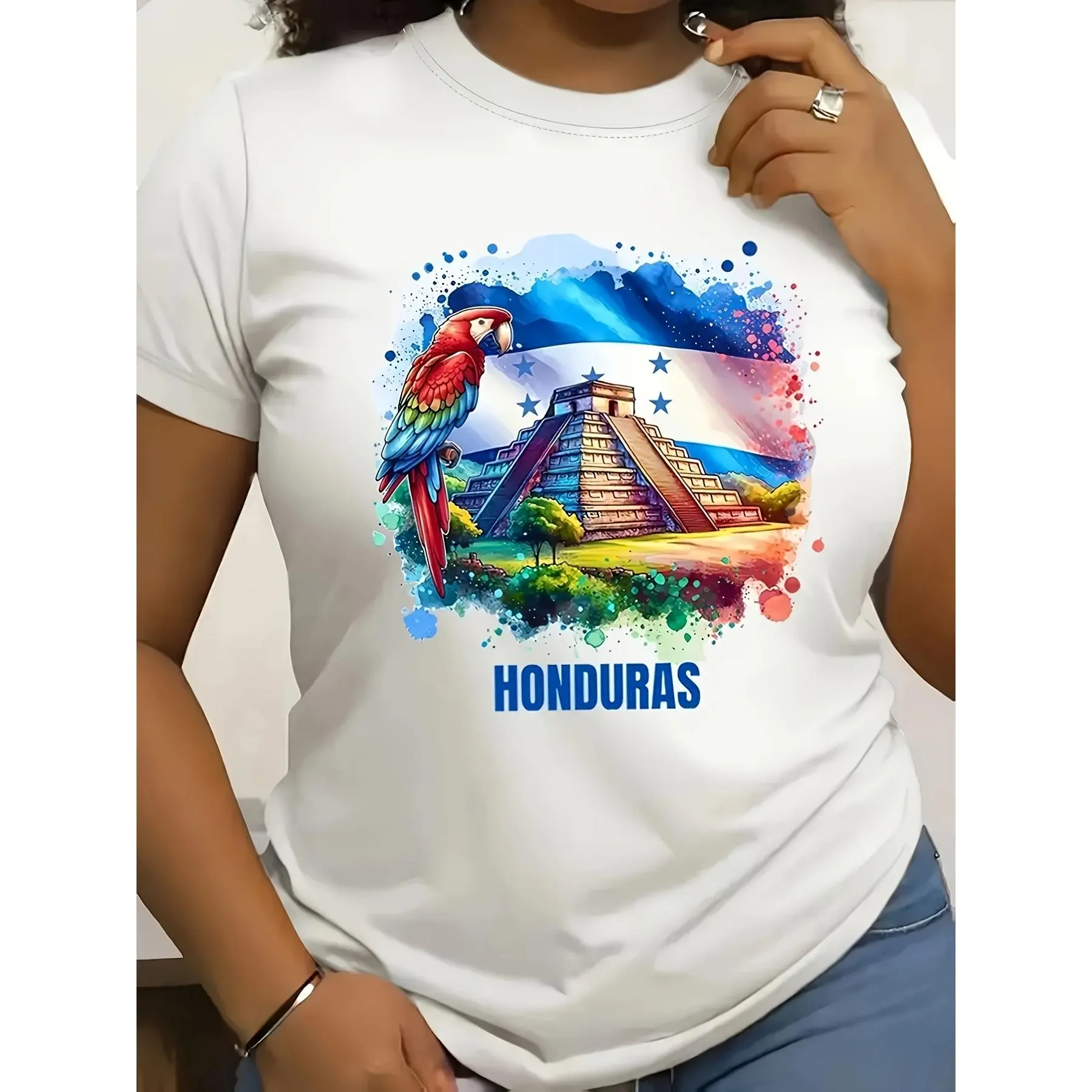 Honduras Pattern Print T-shirt-bright Parrot and Chichen Itza Pyramid Design 100 Casual Short-sleeved Round-neck T-shirt Breathable Fabric Machine-washable Spring and Summer Essent, Fashion Lovers Must, Vacation Clothing, Seasonal Fashion