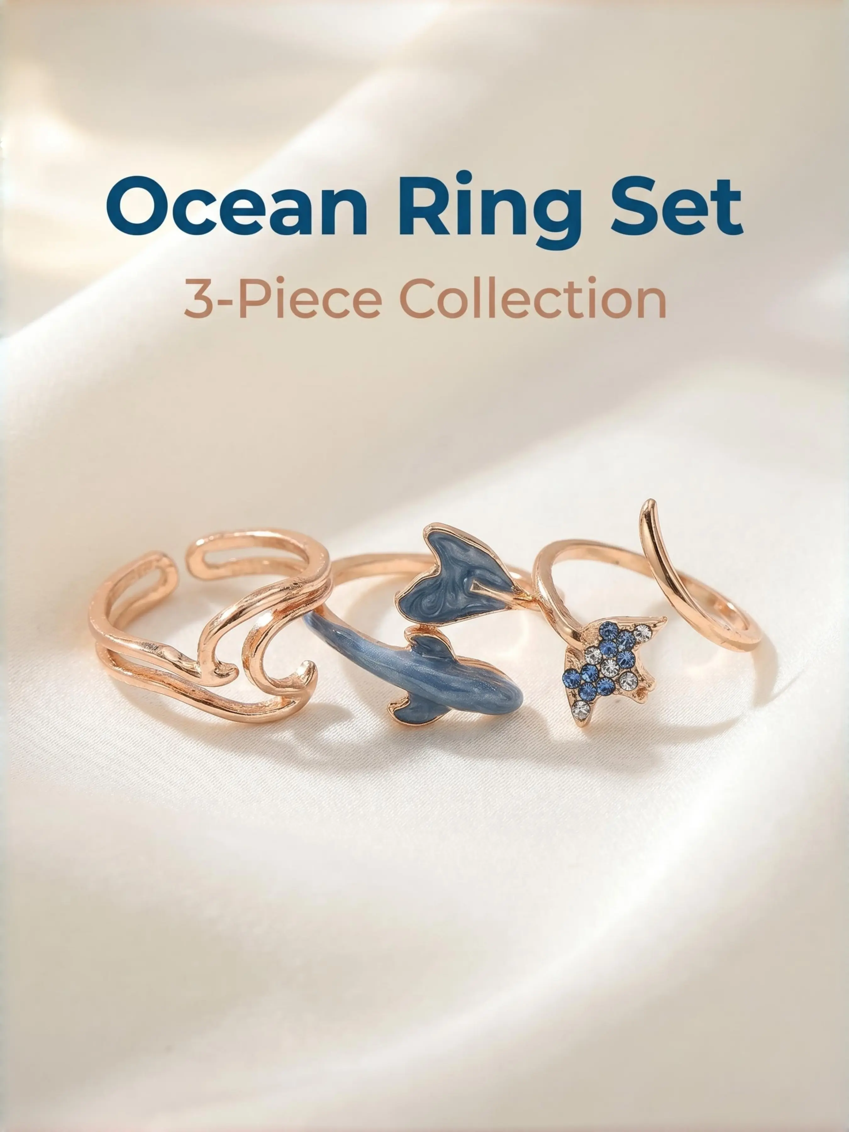 Summer Ocean Style Dolphin 3-Piece Ring Set for Women, Blue Enamel Dolphin, Rhinestone Starfish & Wave Open Rings, Available in Gold & Silver, Fresh Stackable Rings, Dainty Stacking Rings for Beach Vacation, Small Gifts for Best Friends & Girls