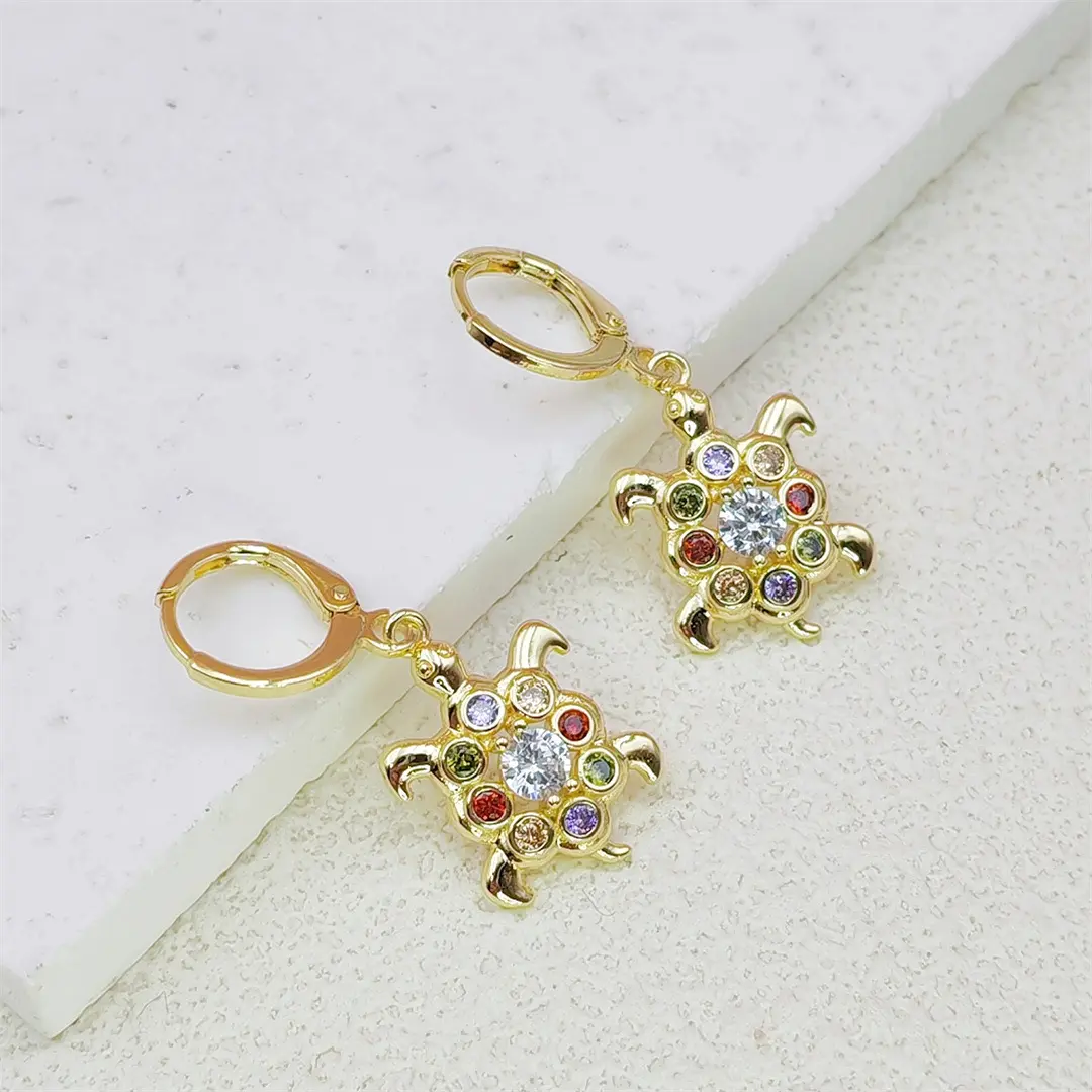 Women's Gold-Plated Colorful Cubic Zirconia Turtle Dangle Earrings - Animal Motif Click-Top Huggie Hoop Drop Jewelry with Dangling Charm, 3cm Length, Turtle Shape, Casual Wear, Cute Animal Click Top, Drop Earrings, Fashion, Synthetic Diamond, Women 3Cm Le