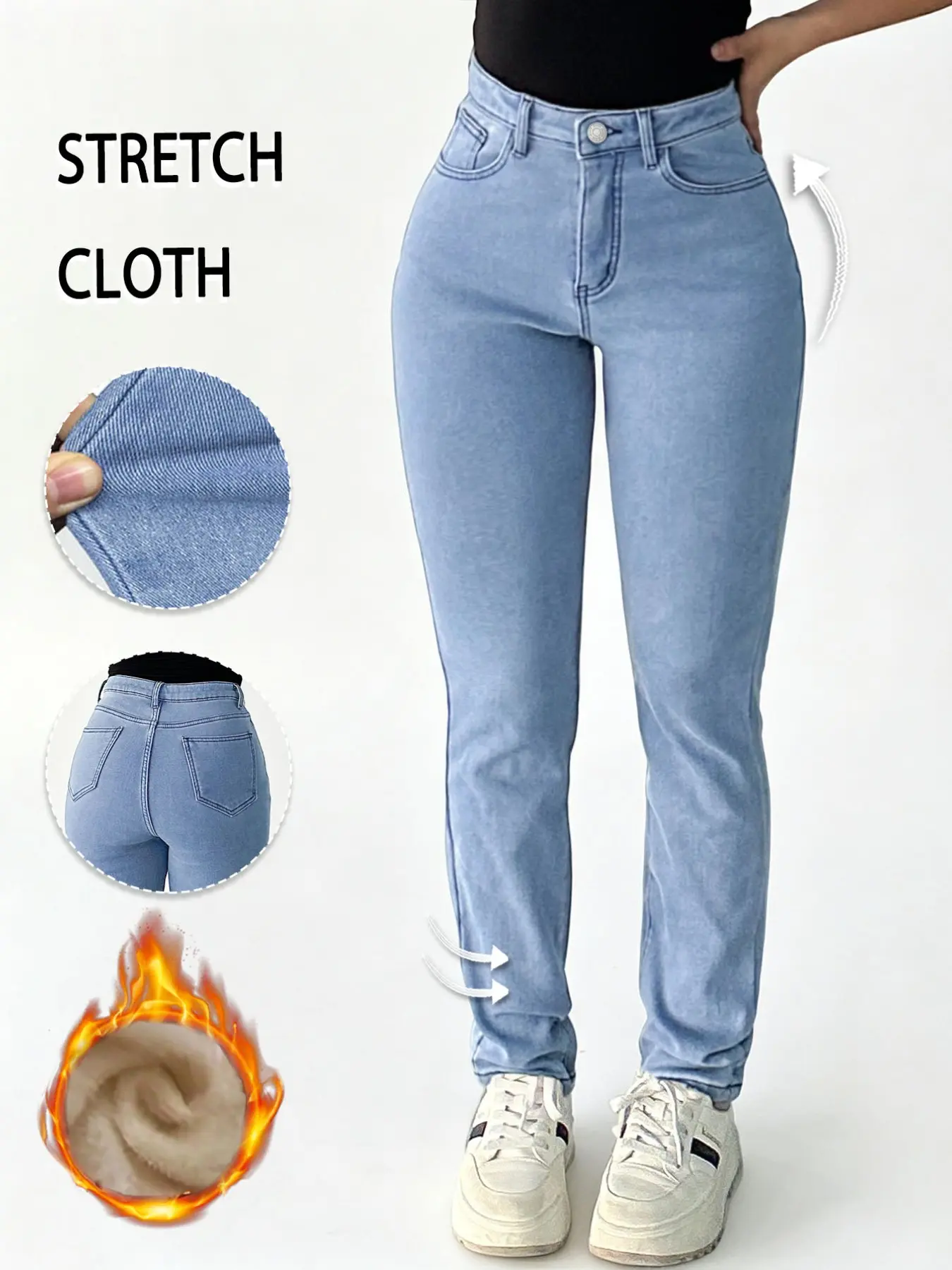 GILIPUR 1Pc Women Fleece Lined Stretch Skinny Jeans, Light Wash High Waist Butt Lifting Warm Thermal Denim Pants, Y2K Winter Streetwear Slim Fit Ankle Trousers TChic