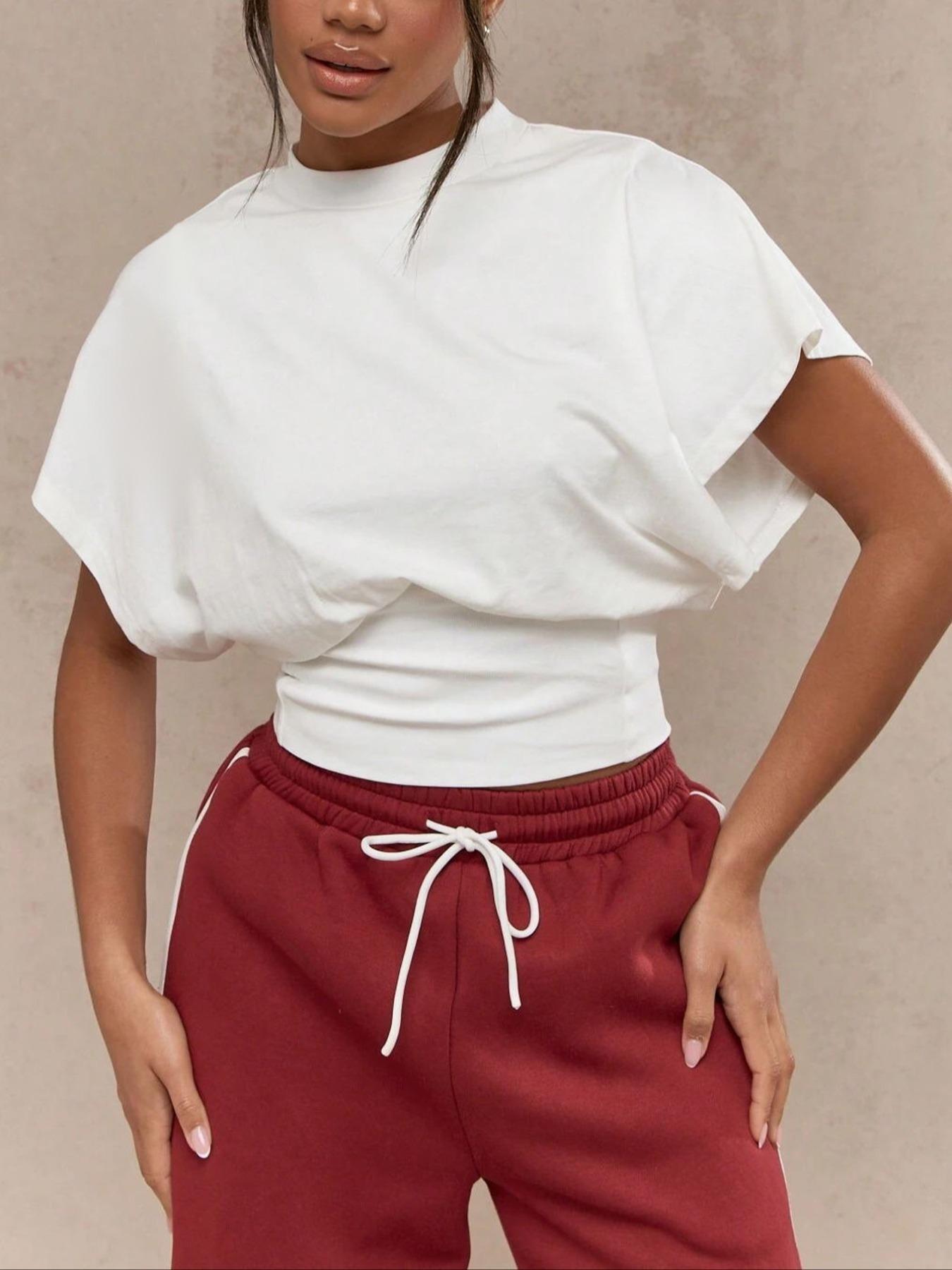 Women's Plain Batwing Sleeve Tee, Casual Fashion Minimalist  Short Sleeve T-shirt for Daily Wear, Ladies Clothes for All Seasons, Top