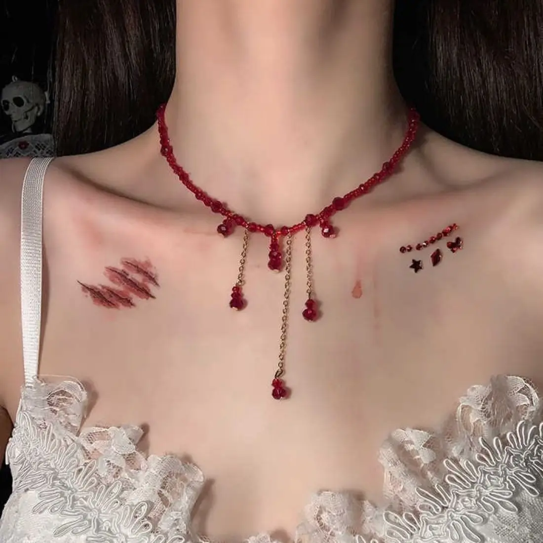 Women's Vintage Gothic Crystal Pendant Necklace, Dark Red Blood Drop with Fringe Detail, Halloween Statement Piece Jewelry