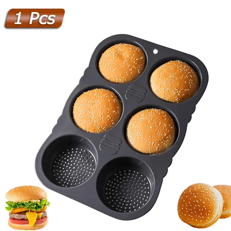 Food Grade Silicone Burger Bread Mold, 6 Cavity Non-Stick Oven Baking Tray with Airflow Holes, Rectangular Shape, Even Cooking, Baking Utensils Supplies, Meal Prep Molds, Baking Tools, Bakery Molds, Molds For Baking