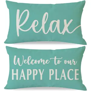 Welcome to Our Happy Place Relax Decorative Throw Pillow Covers 12x20 Inch Set of 2 Turquoise Outdoor Spring Summer Beach Decor  Cushion Case Decoration for  Sofa Couch Living Room